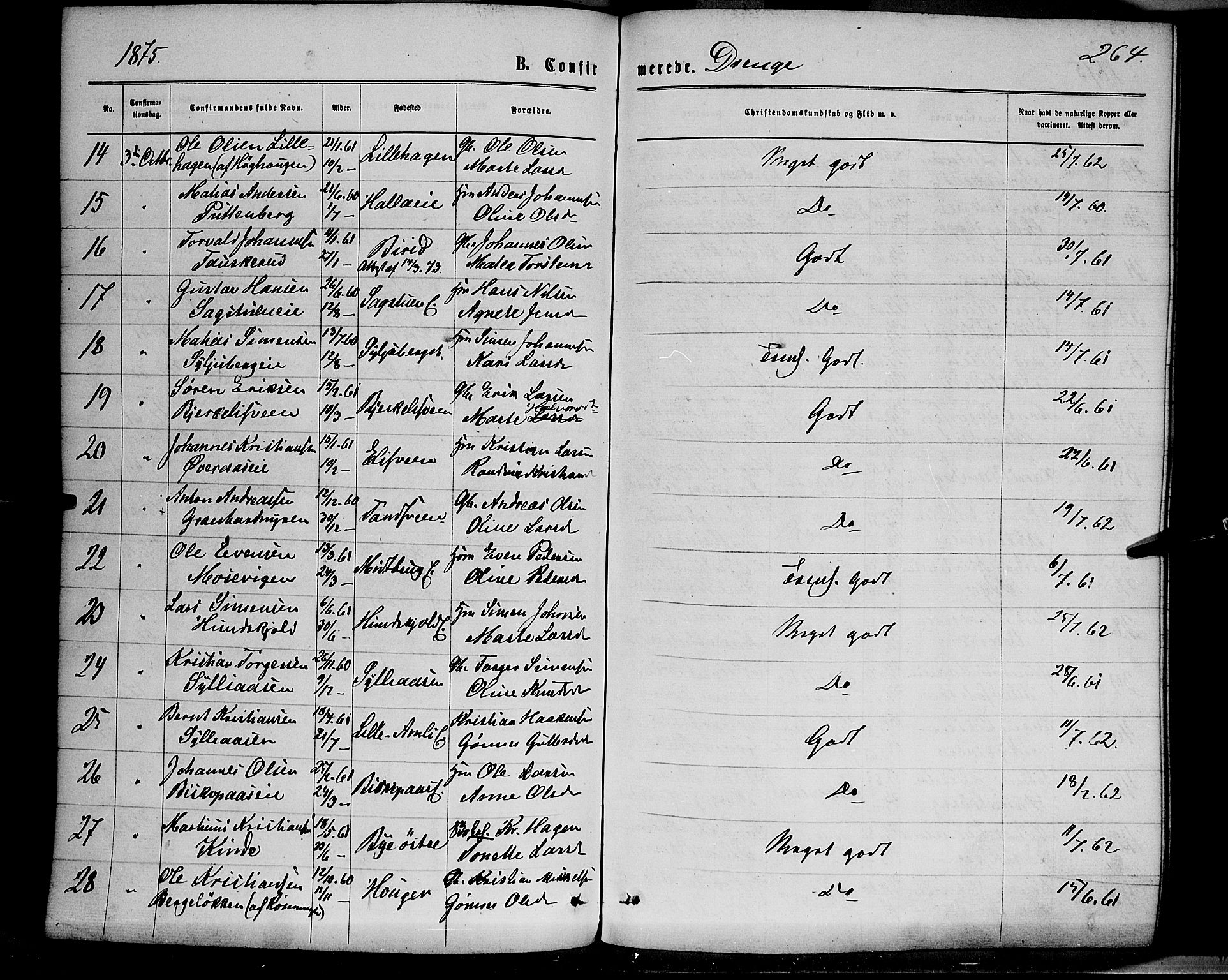 Ringsaker prestekontor, SAH/PREST-014/K/Ka/L0011: Parish register (official) no. 11, 1870-1878, p. 264