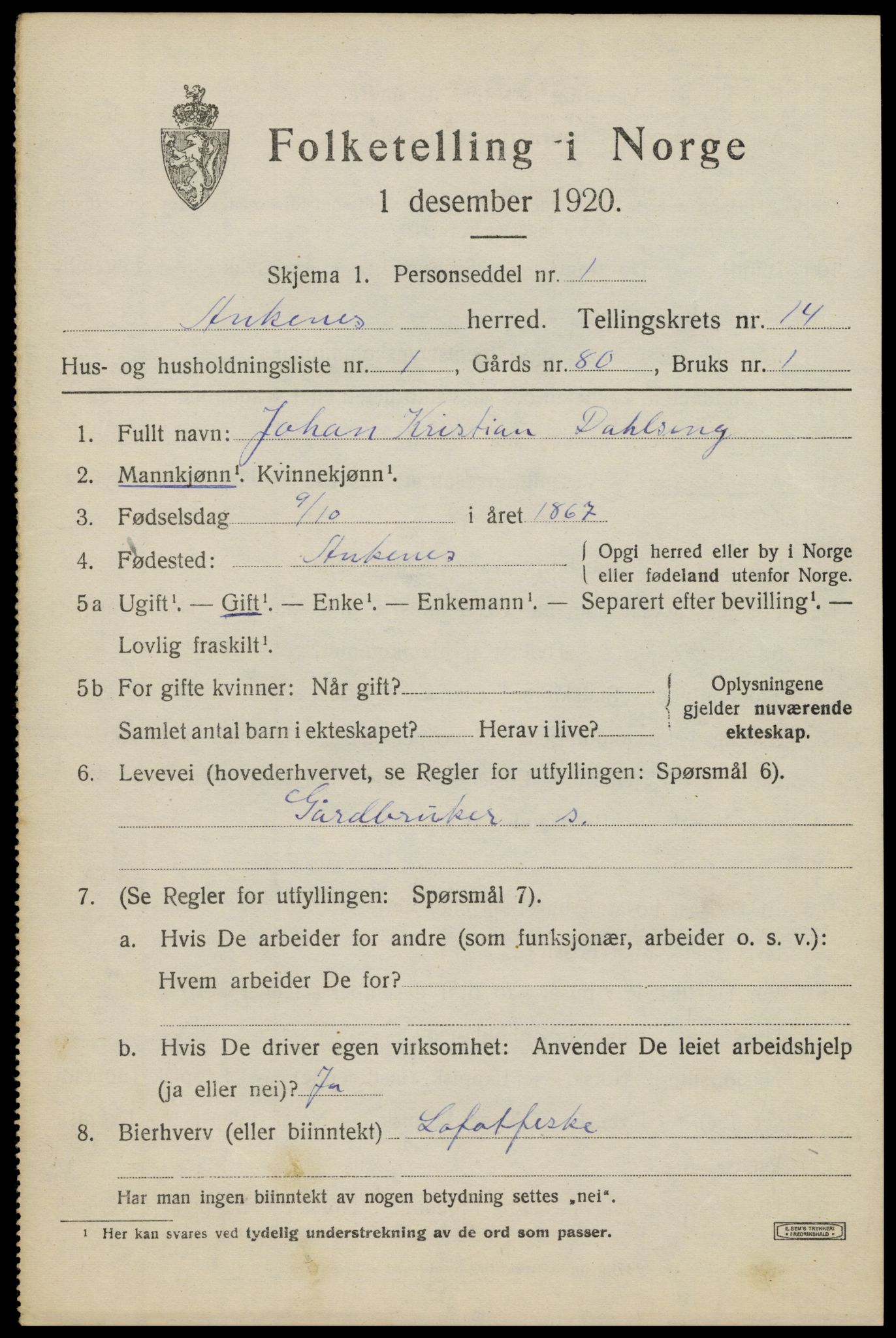 SAT, 1920 census for Ankenes, 1920, p. 6809