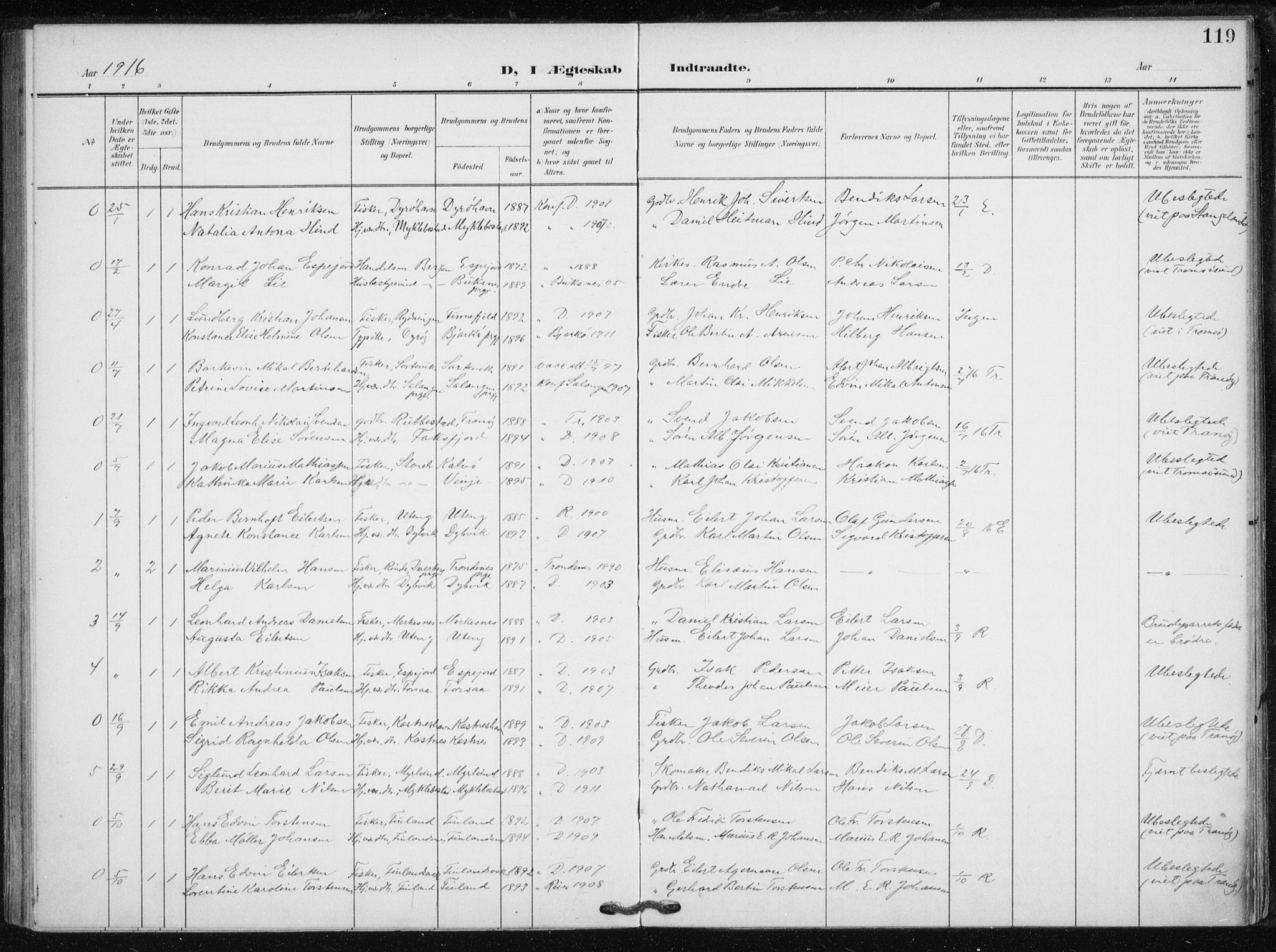 Tranøy sokneprestkontor, AV/SATØ-S-1313/I/Ia/Iaa/L0013kirke: Parish register (official) no. 13, 1905-1922, p. 119