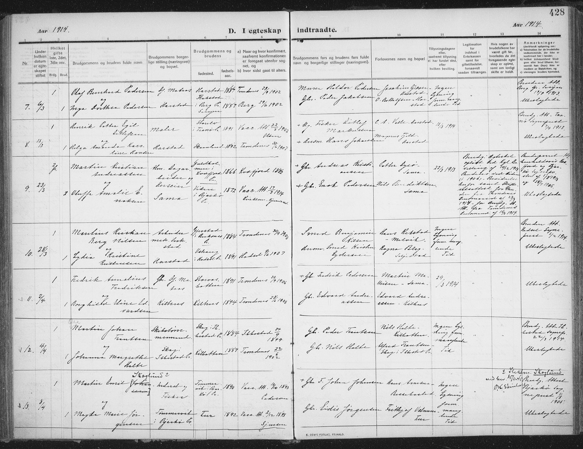 Trondenes sokneprestkontor, SATØ/S-1319/H/Ha/L0018kirke: Parish register (official) no. 18, 1909-1918, p. 428