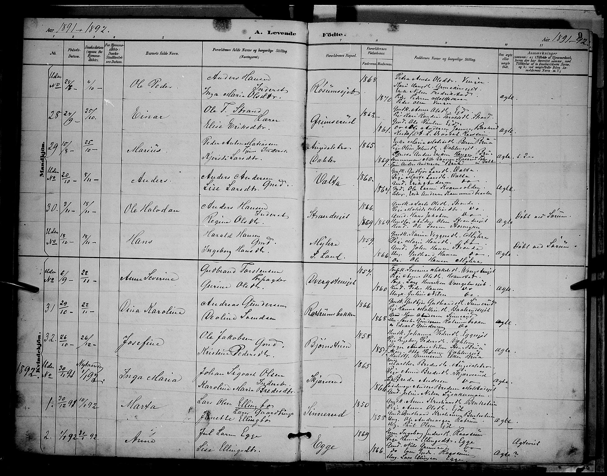 Gran prestekontor, SAH/PREST-112/H/Ha/Hab/L0004: Parish register (copy) no. 4, 1890-1899, p. 9
