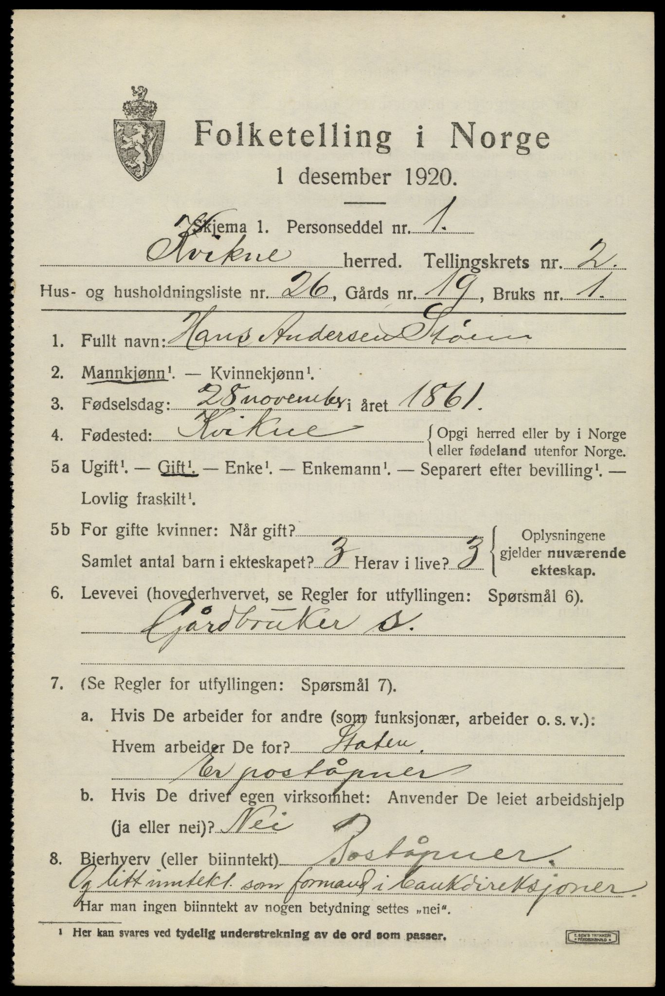 SAH, 1920 census for Kvikne, 1920, p. 1260