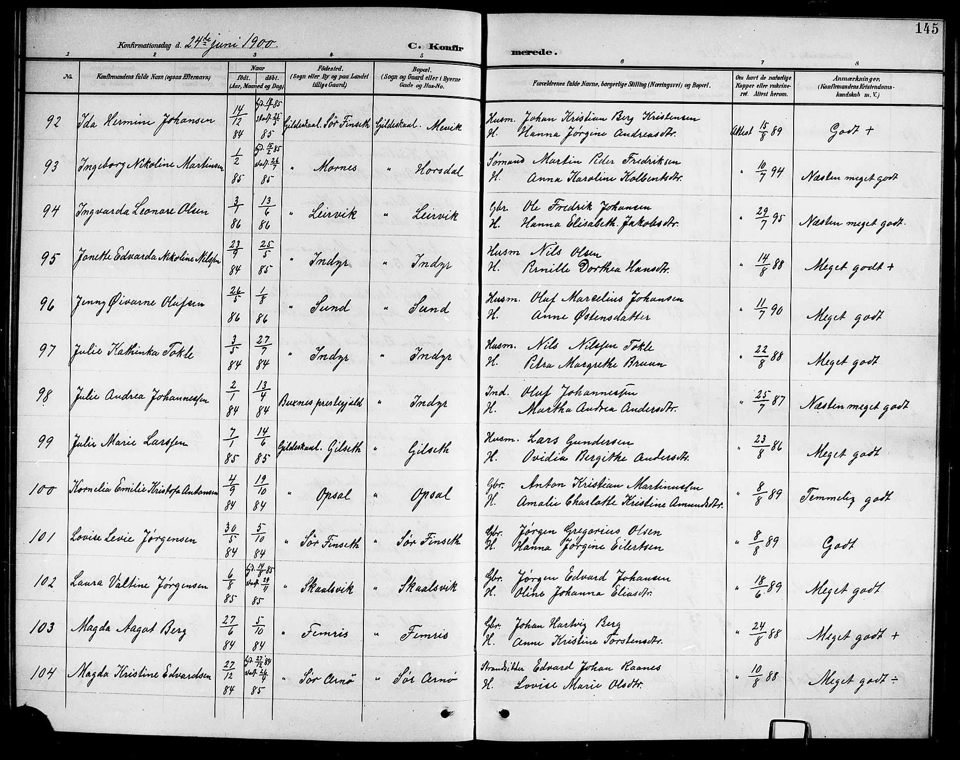 Ministerialprotokoller, klokkerbøker og fødselsregistre - Nordland, AV/SAT-A-1459/805/L0109: Parish register (copy) no. 805C05, 1900-1911, p. 145