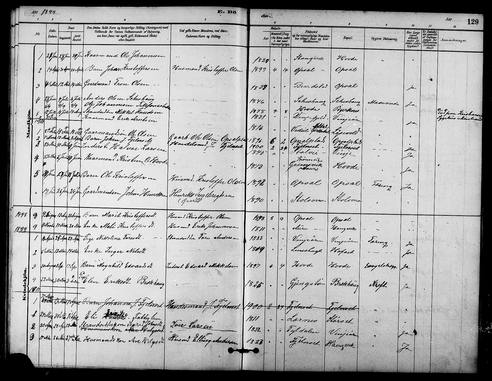 Ministerialprotokoller, klokkerbøker og fødselsregistre - Sør-Trøndelag, AV/SAT-A-1456/631/L0514: Parish register (copy) no. 631C02, 1879-1912, p. 129