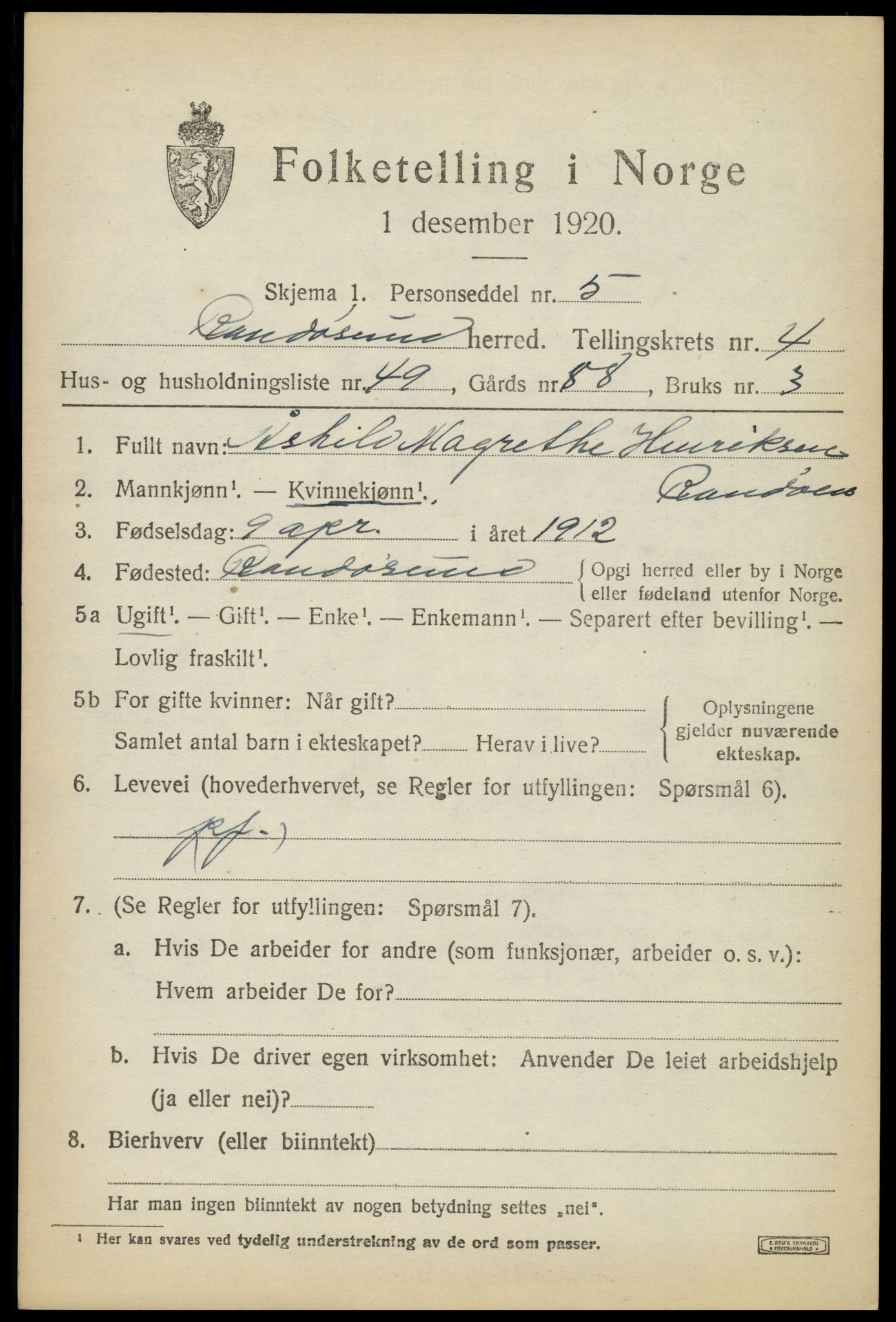SAK, 1920 census for Randesund, 1920, p. 2294