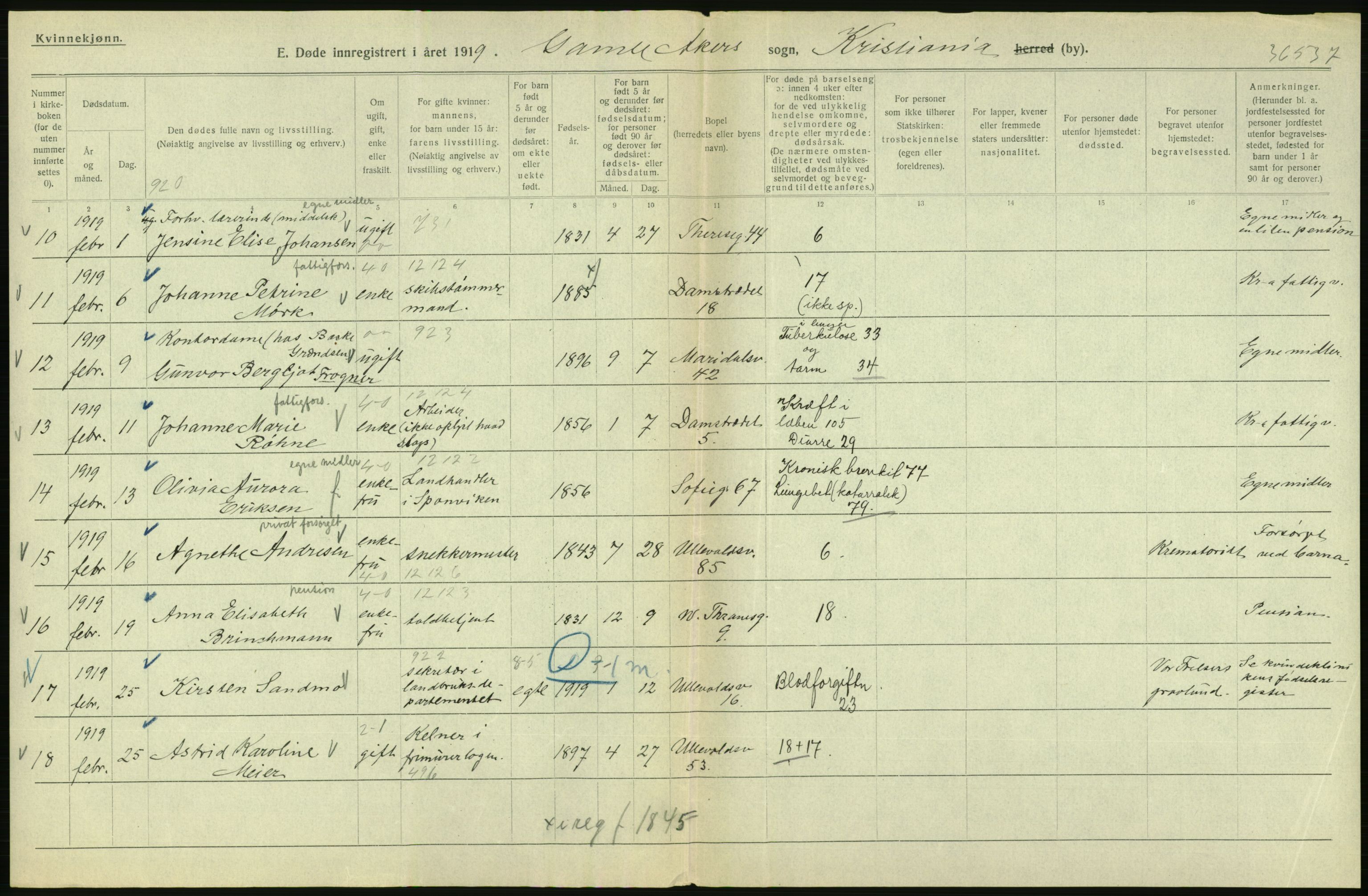 Statistisk sentralbyrå, Sosiodemografiske emner, Befolkning, AV/RA-S-2228/D/Df/Dfb/Dfbi/L0011: Kristiania: Døde, dødfødte, 1919