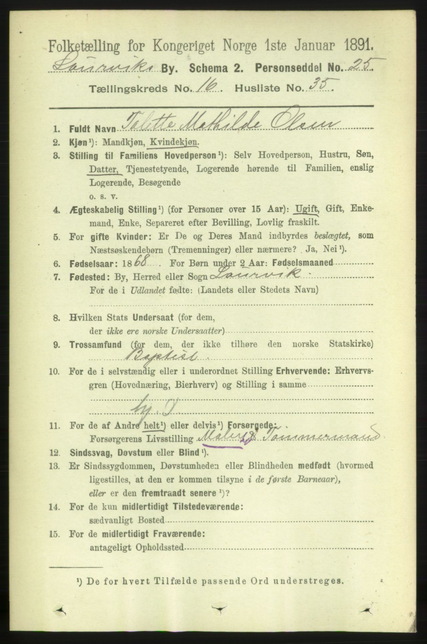 RA, 1891 census for 0707 Larvik, 1891, p. 11928