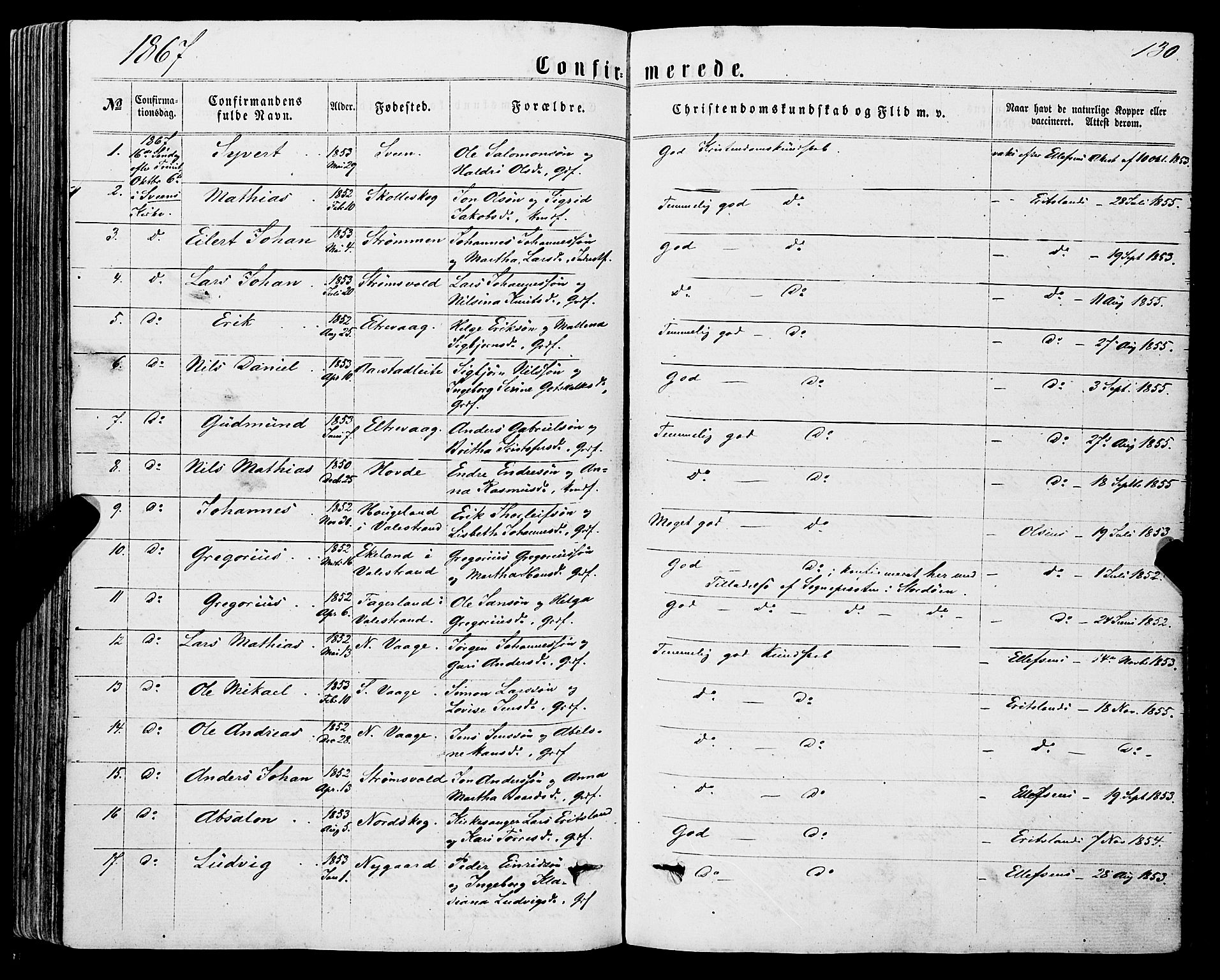 Sveio Sokneprestembete, SAB/A-78501/H/Haa: Parish register (official) no. A 1, 1861-1877, p. 130