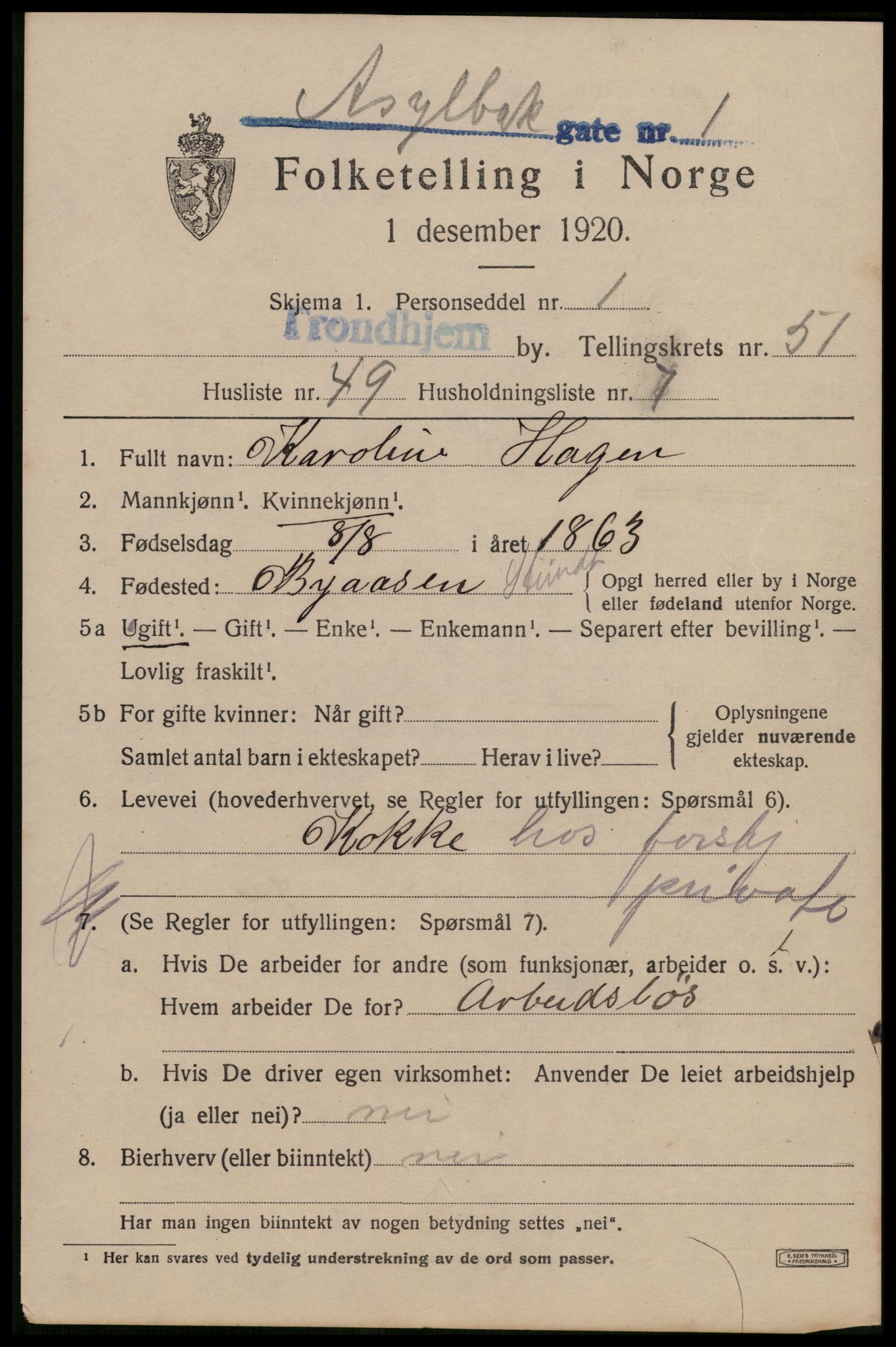 SAT, 1920 census for Trondheim, 1920, p. 106488