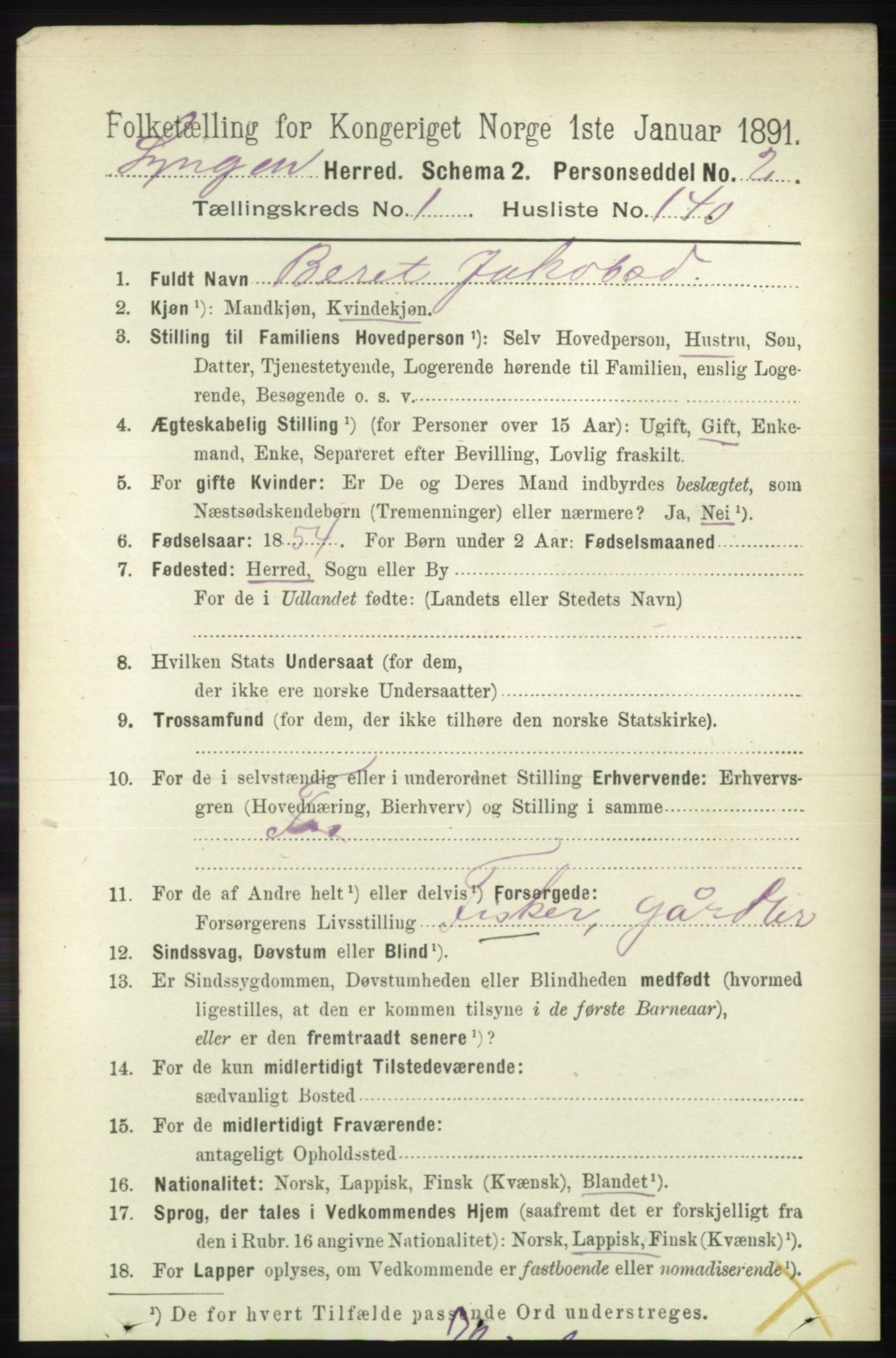 RA, 1891 census for 1938 Lyngen, 1891, p. 1206