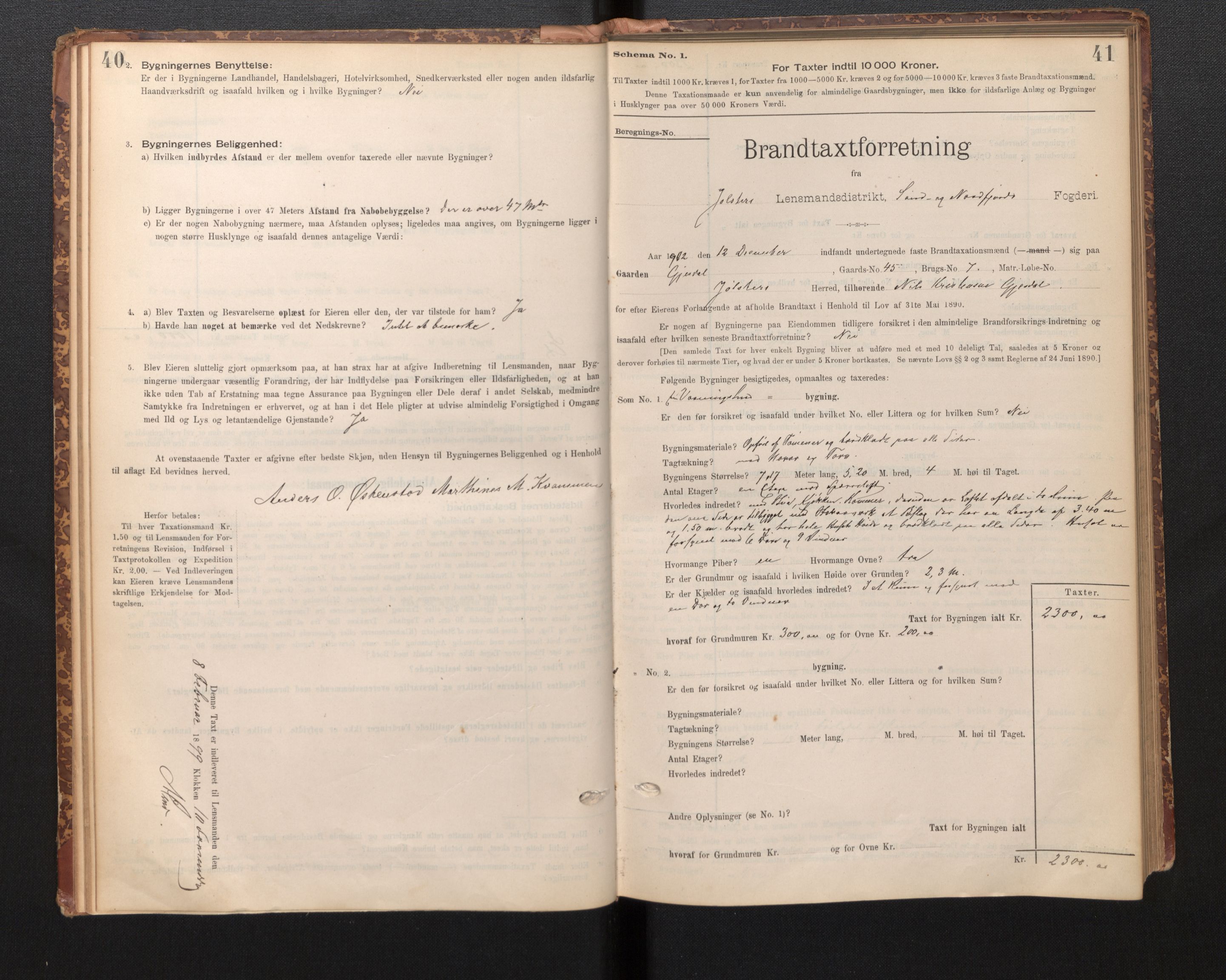 Lensmannen i Jølster, SAB/A-28701/0012/L0004: Branntakstprotokoll, skjematakst, 1895-1923, p. 40-41