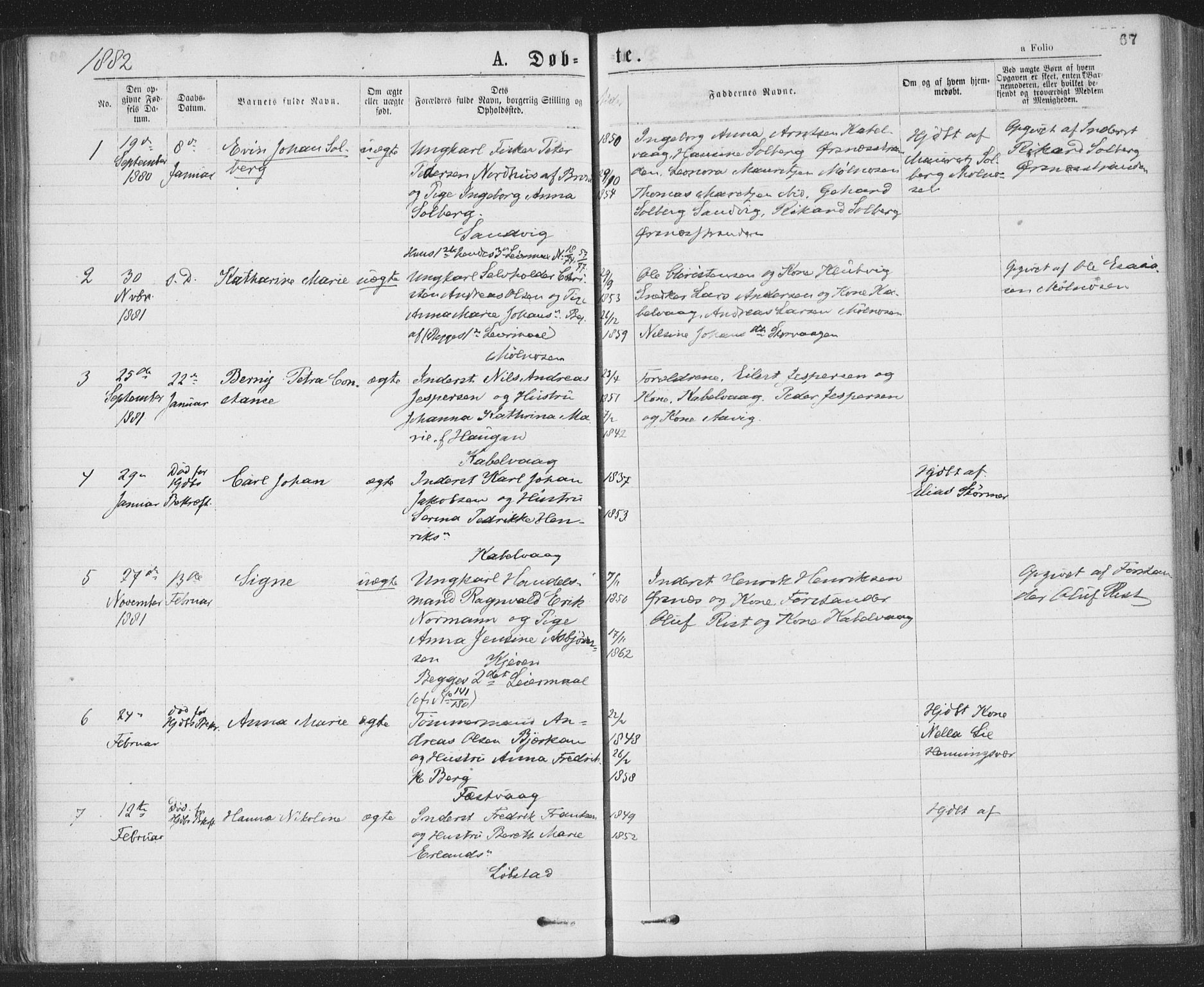 Ministerialprotokoller, klokkerbøker og fødselsregistre - Nordland, AV/SAT-A-1459/874/L1058: Parish register (official) no. 874A02, 1878-1883, p. 67