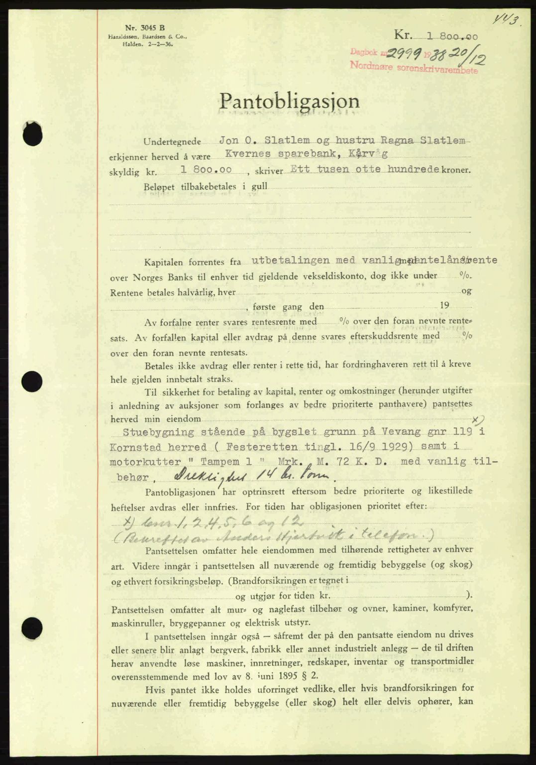Nordmøre sorenskriveri, SAT/A-4132/1/2/2Ca: Mortgage book no. B84, 1938-1939, Diary no: : 2999/1938
