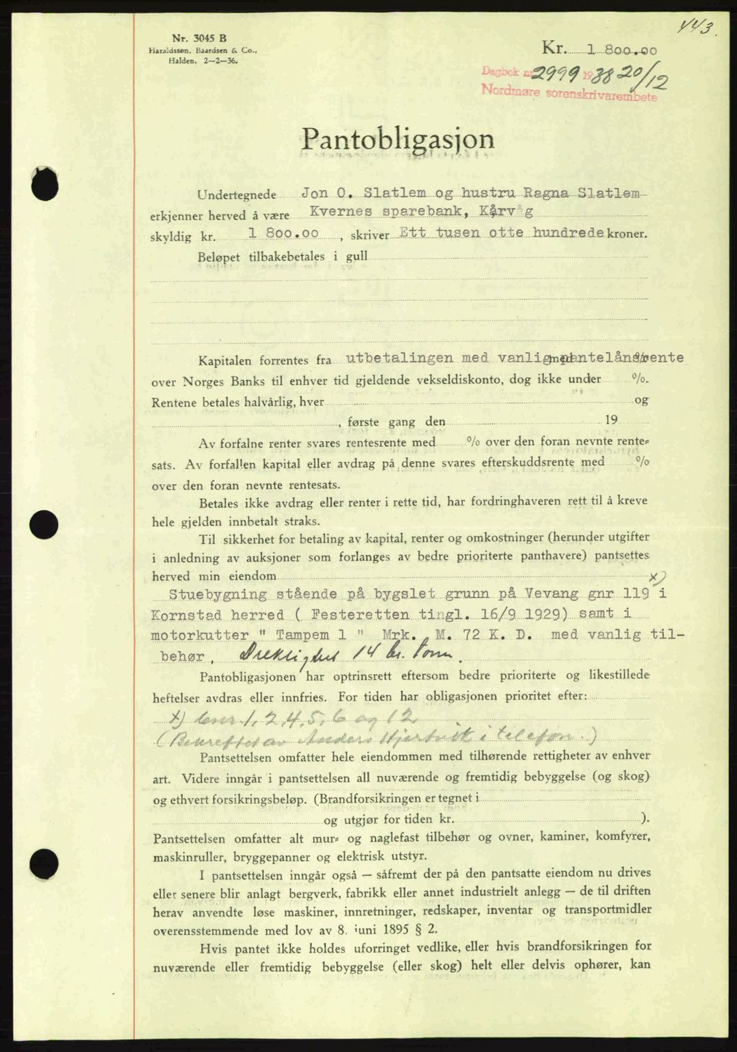 Nordmøre sorenskriveri, AV/SAT-A-4132/1/2/2Ca: Mortgage book no. B84, 1938-1939, Diary no: : 2999/1938