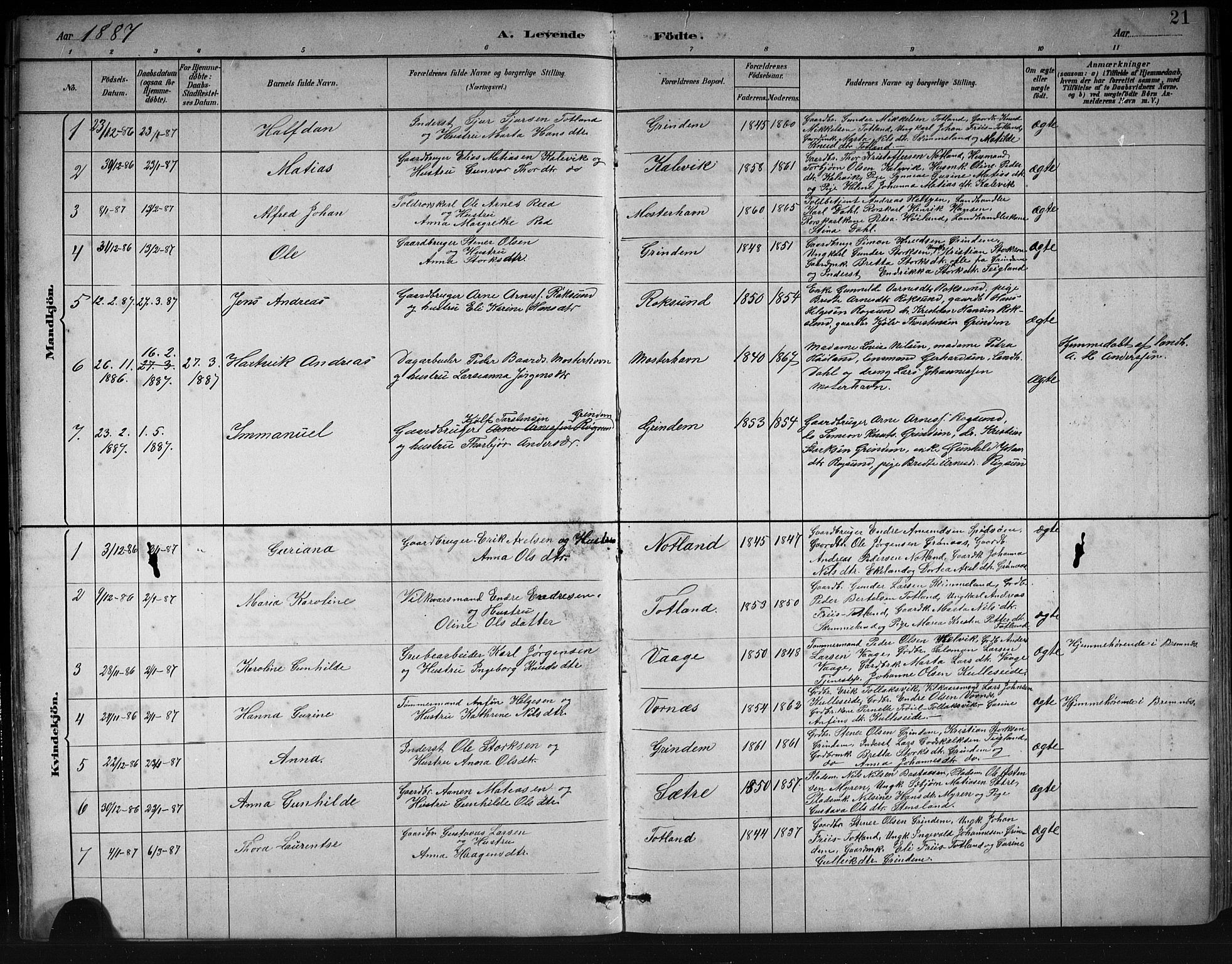 Finnås sokneprestembete, SAB/A-99925/H/Ha/Hab/Haba/L0003: Parish register (copy) no. A 3, 1883-1900, p. 21