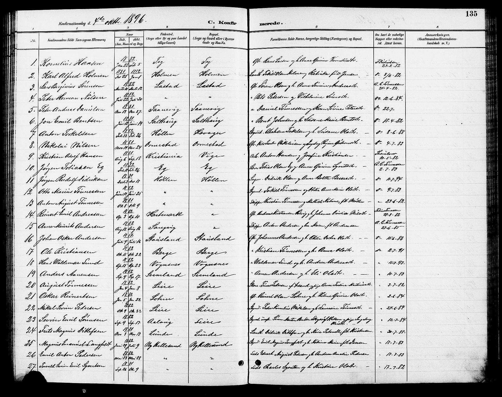 Søgne sokneprestkontor, SAK/1111-0037/F/Fb/Fbb/L0006: Parish register (copy) no. B 6, 1892-1911, p. 135
