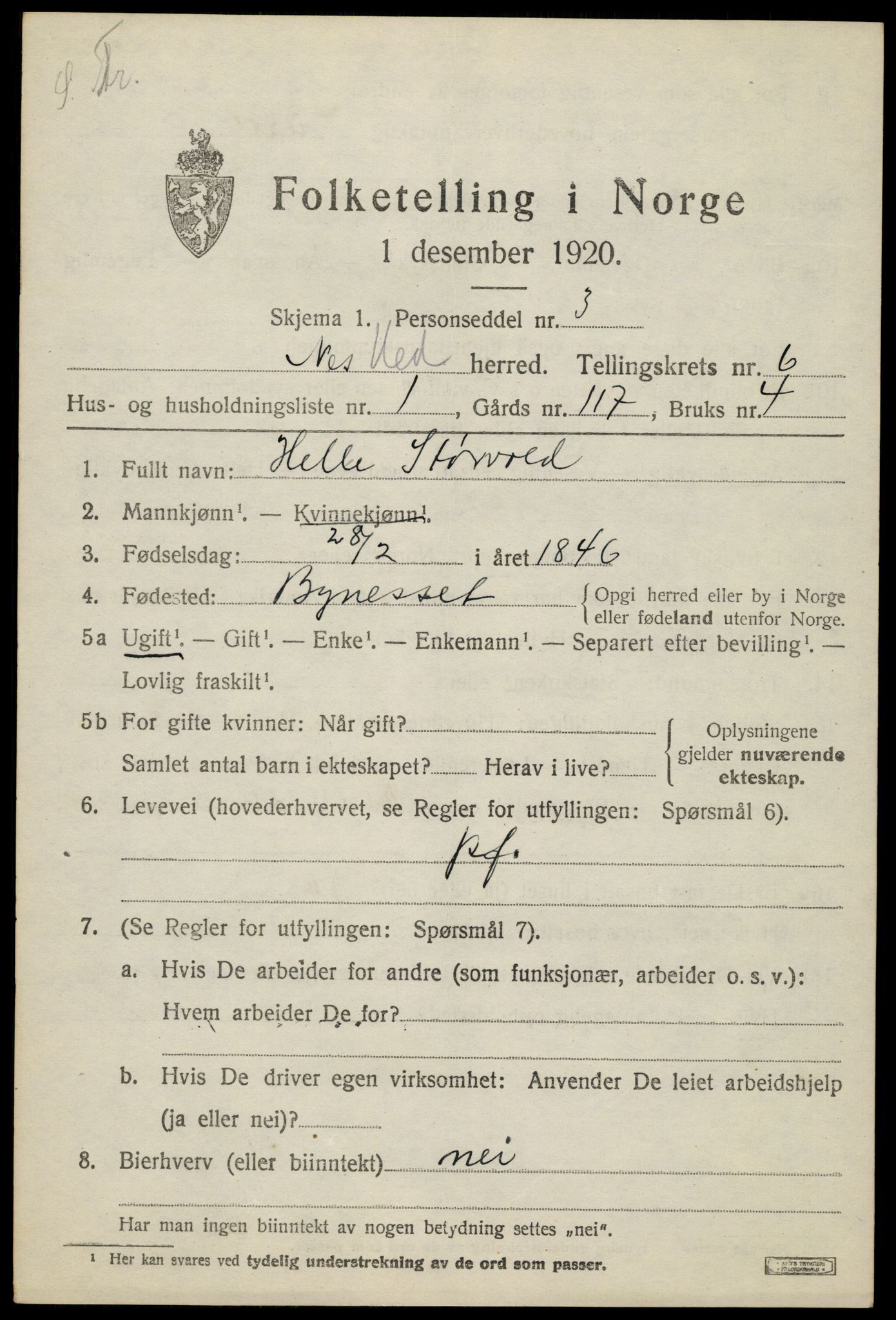 SAH, 1920 census for Nes (Hedmark), 1920, p. 7786