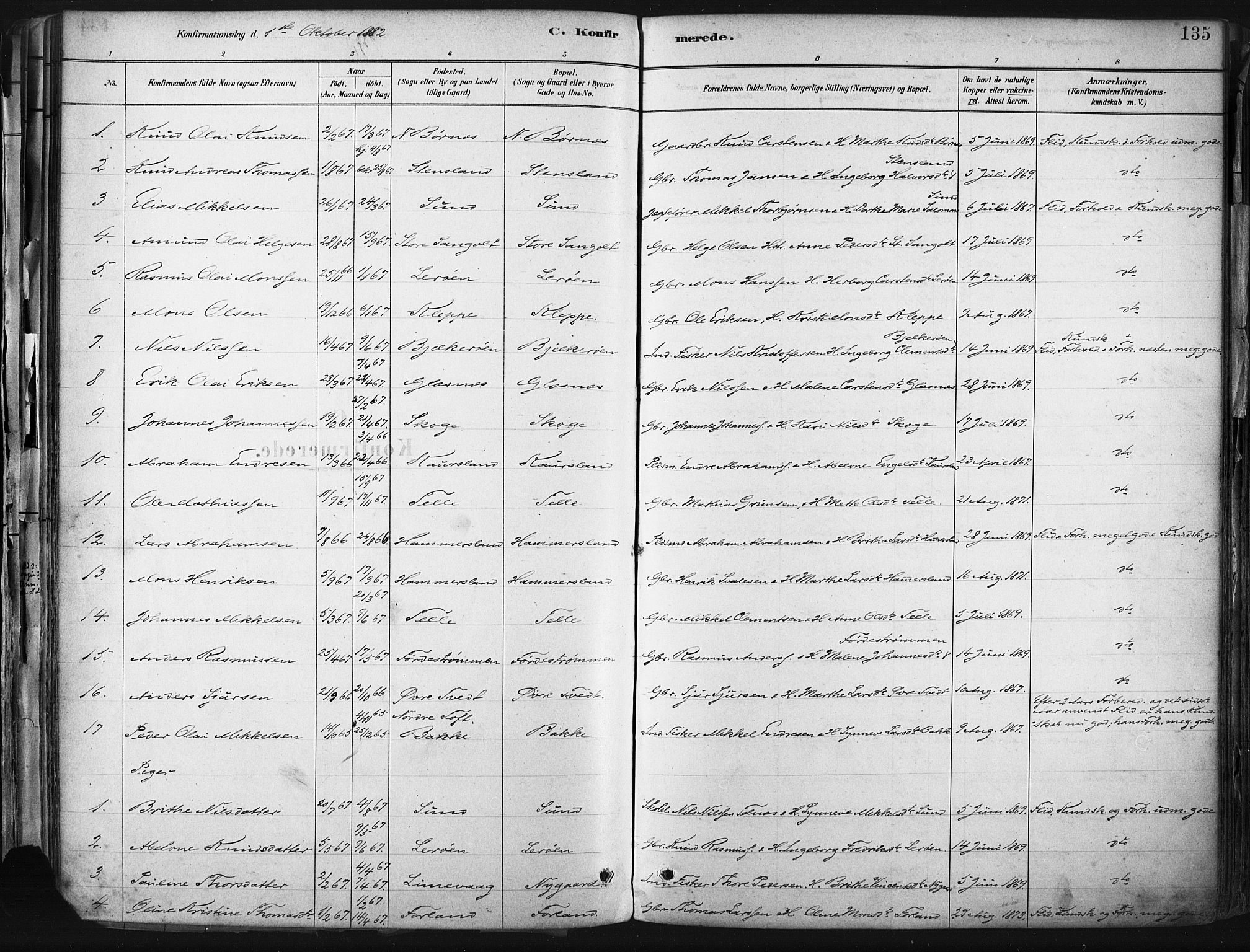 Sund sokneprestembete, AV/SAB-A-99930: Parish register (official) no. B 1, 1882-1907, p. 135