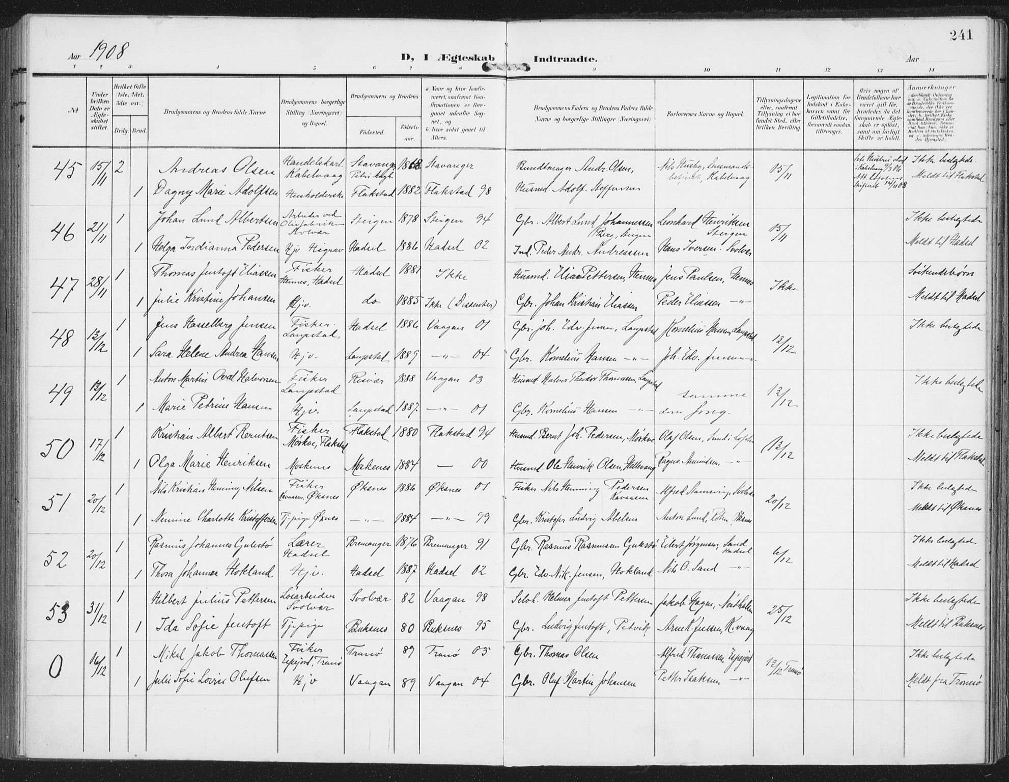 Ministerialprotokoller, klokkerbøker og fødselsregistre - Nordland, AV/SAT-A-1459/874/L1063: Parish register (official) no. 874A07, 1907-1915, p. 241
