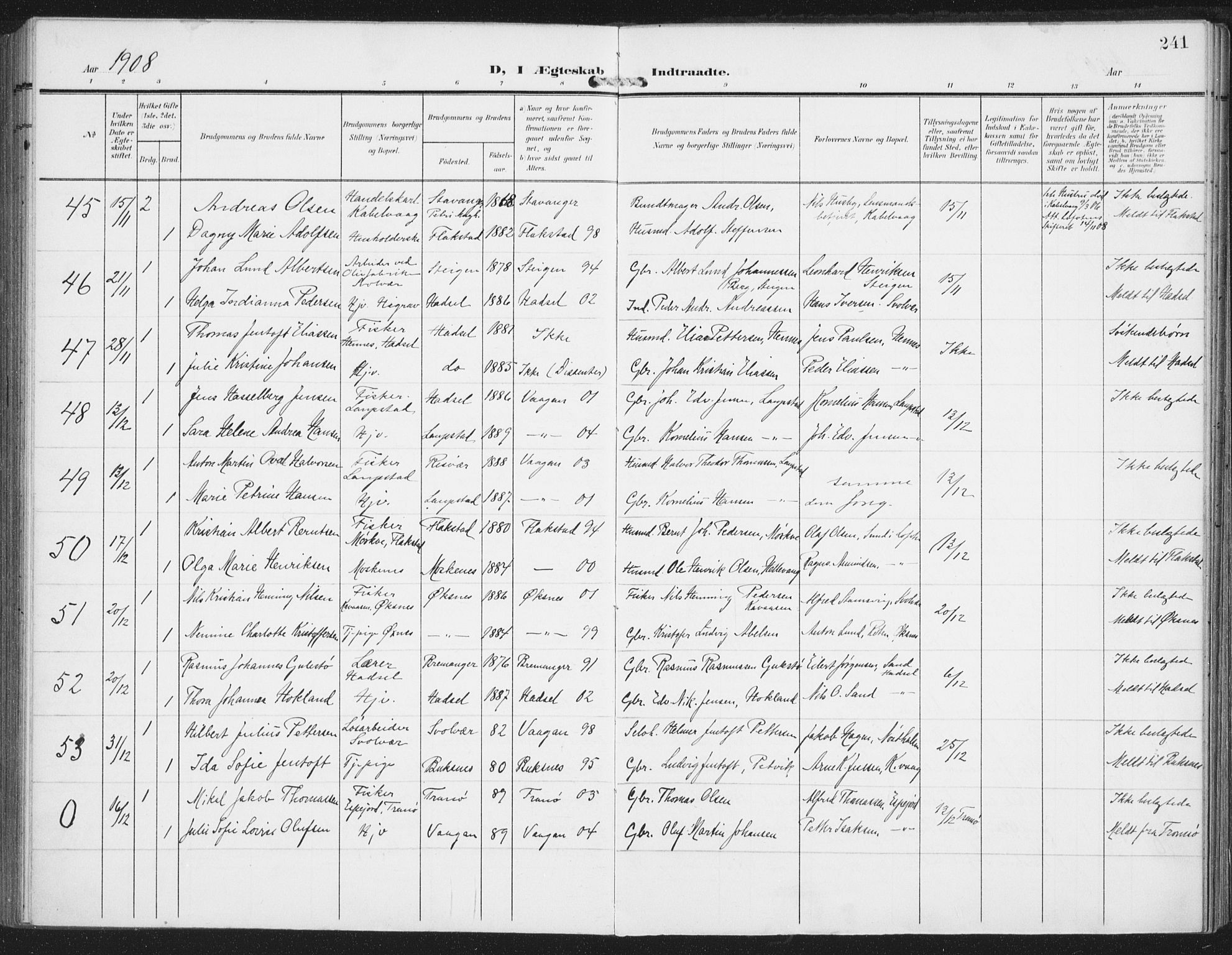 Ministerialprotokoller, klokkerbøker og fødselsregistre - Nordland, AV/SAT-A-1459/874/L1063: Parish register (official) no. 874A07, 1907-1915, p. 241