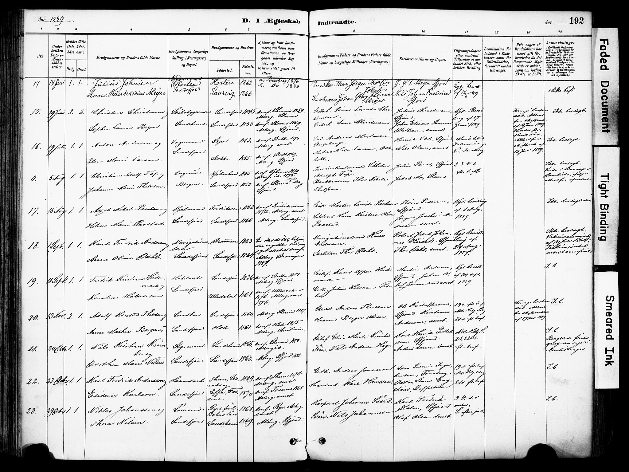 Sandefjord kirkebøker, AV/SAKO-A-315/F/Fa/L0002: Parish register (official) no. 2, 1880-1894, p. 192