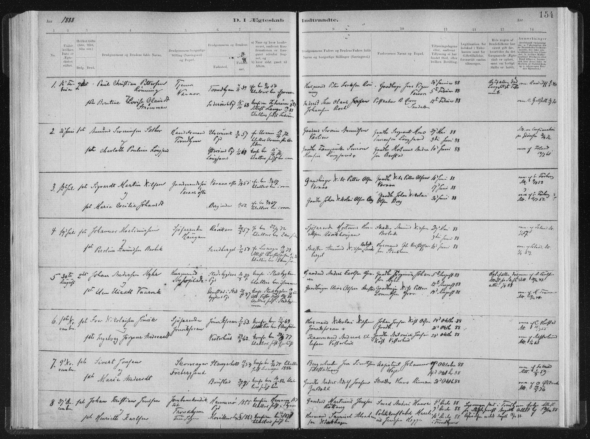 Ministerialprotokoller, klokkerbøker og fødselsregistre - Nord-Trøndelag, SAT/A-1458/722/L0220: Parish register (official) no. 722A07, 1881-1908, p. 154