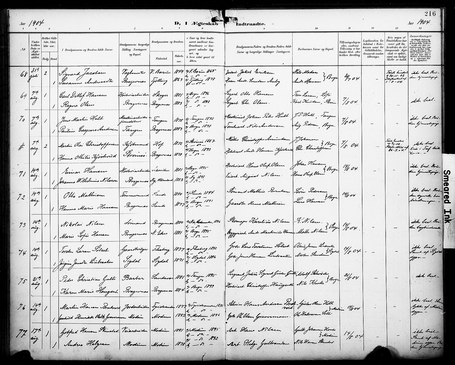 Bragernes kirkebøker, AV/SAKO-A-6/F/Fc/L0007: Parish register (official) no. III 7, 1898-1909, p. 216