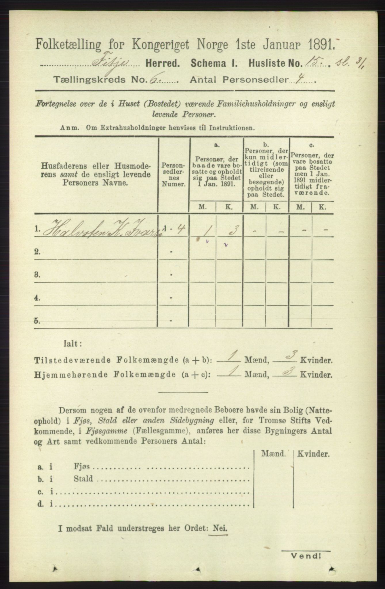 RA, 1891 census for 1222 Fitjar, 1891, p. 2332