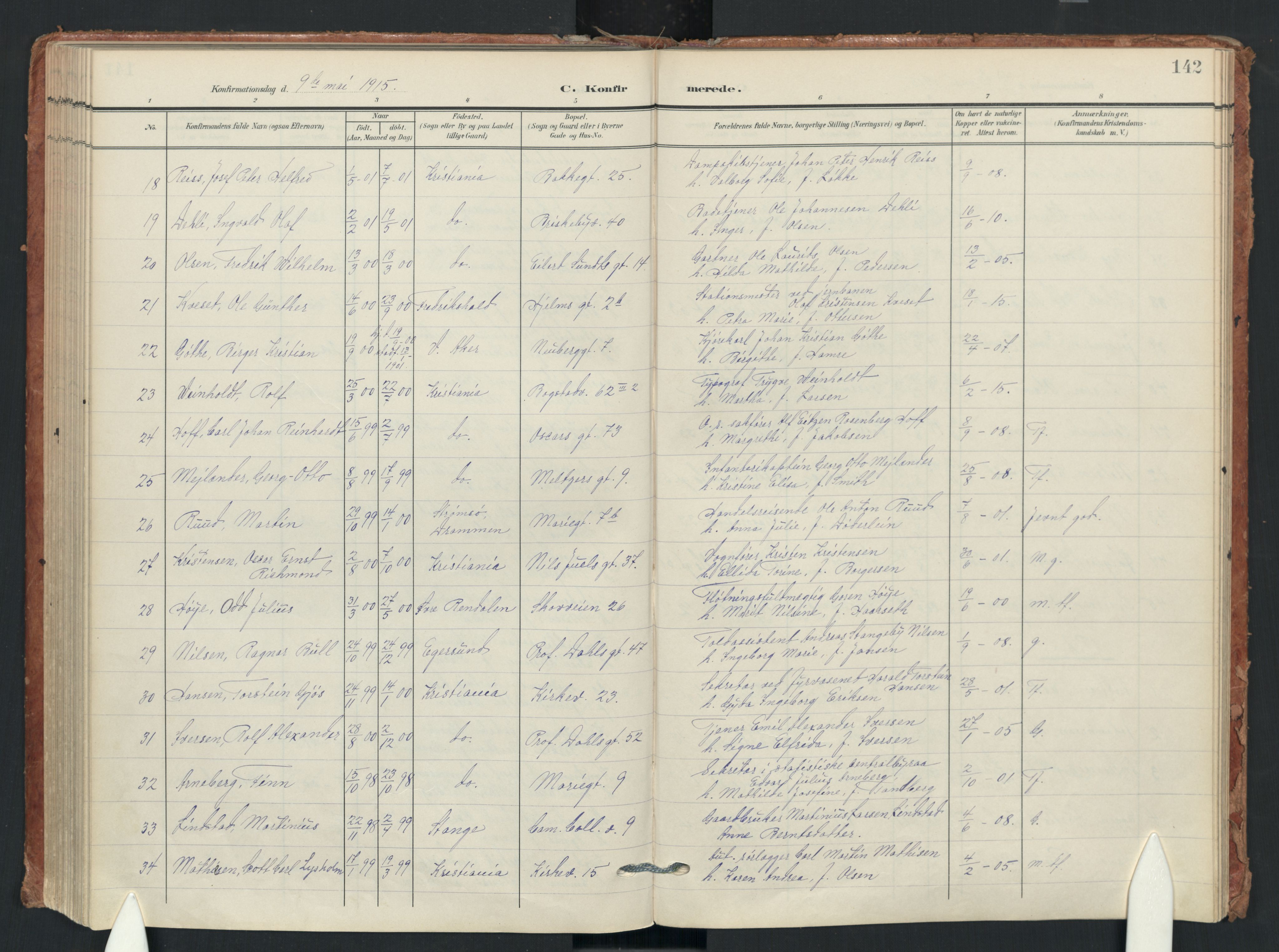 Uranienborg prestekontor Kirkebøker, SAO/A-10877/F/Fa/L0009: Parish register (official) no. 9, 1904-1919, p. 142