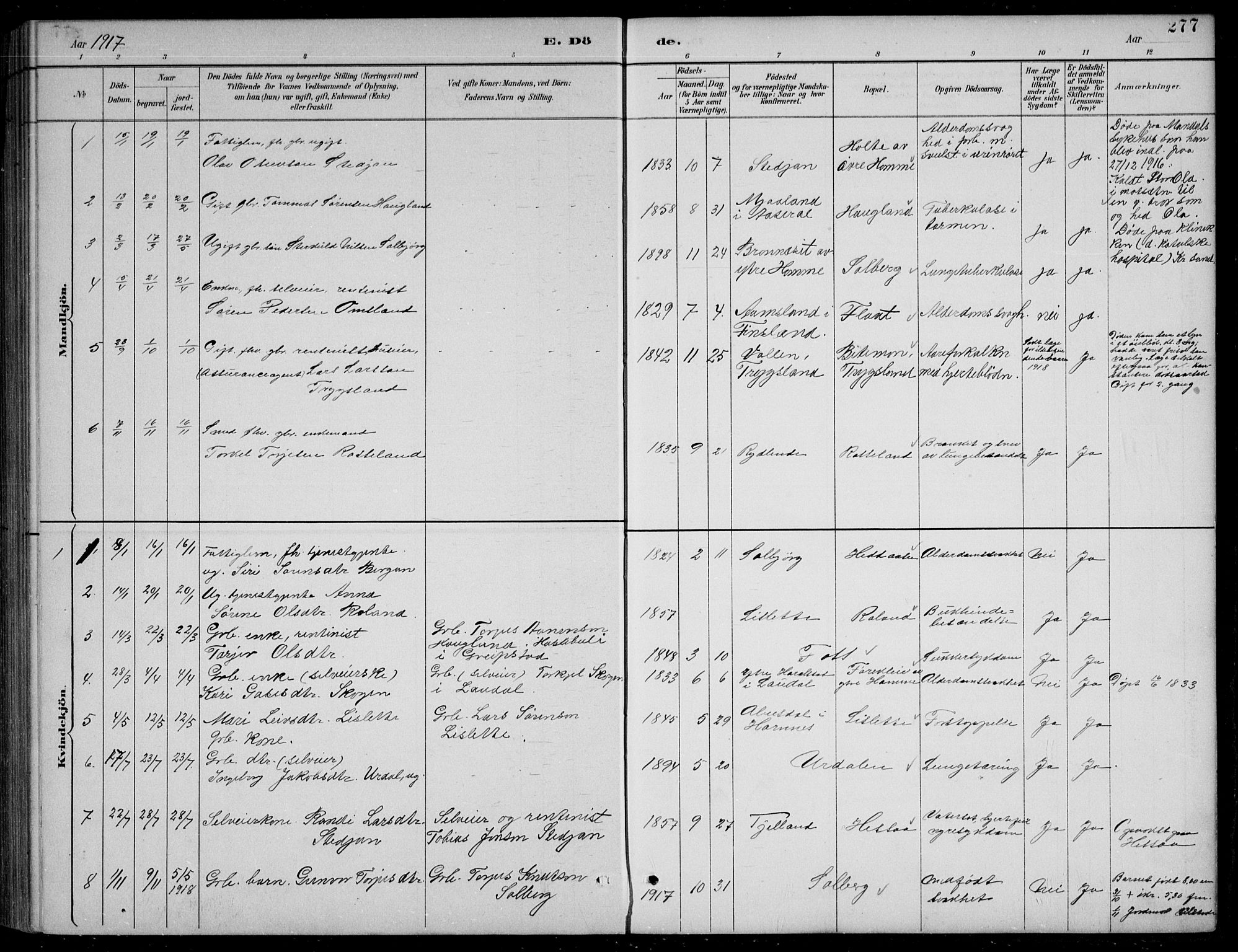 Bjelland sokneprestkontor, SAK/1111-0005/F/Fb/Fba/L0005: Parish register (copy) no. B 5, 1887-1923, p. 277
