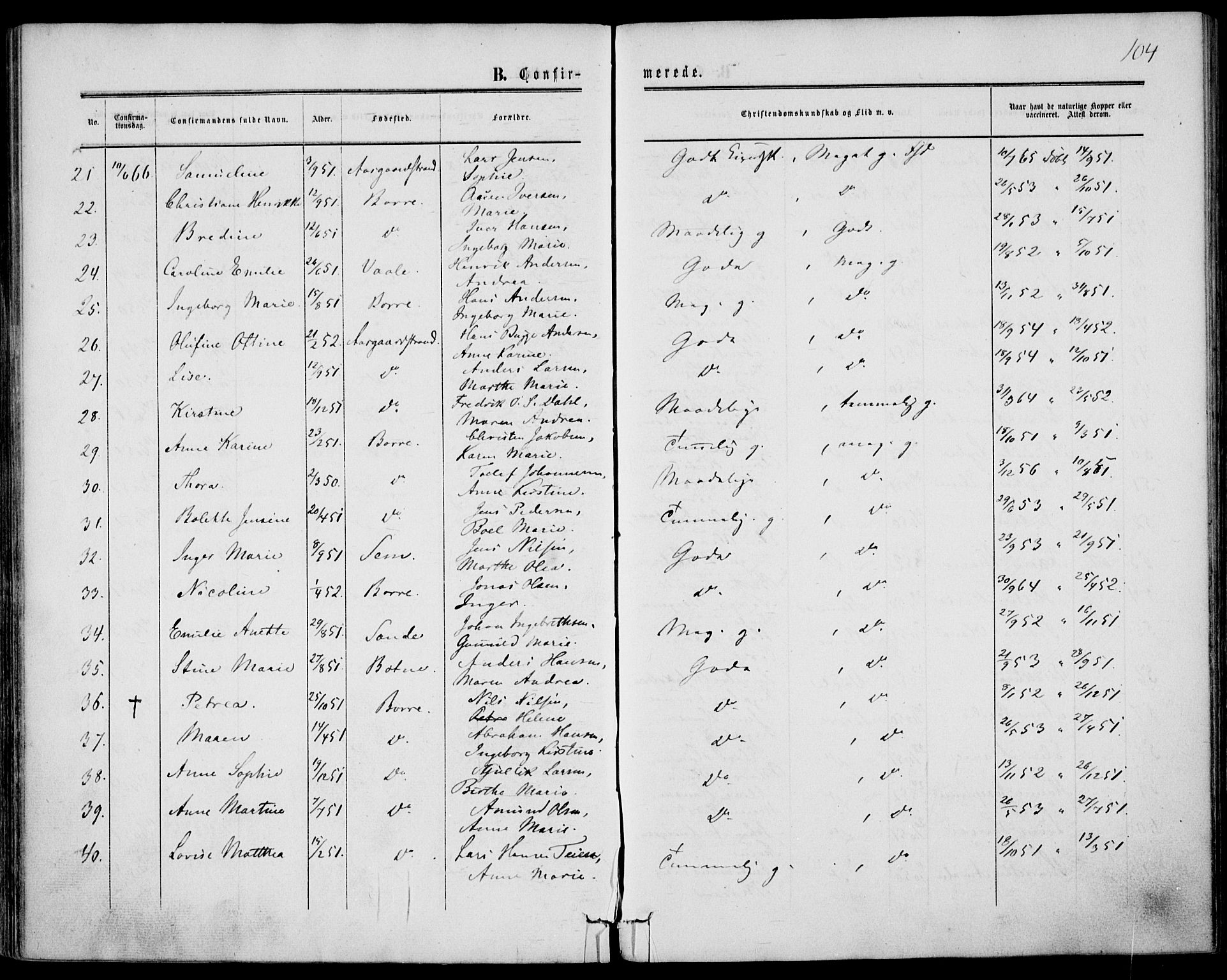 Borre kirkebøker, AV/SAKO-A-338/F/Fa/L0007: Parish register (official) no. I 7, 1862-1867, p. 104