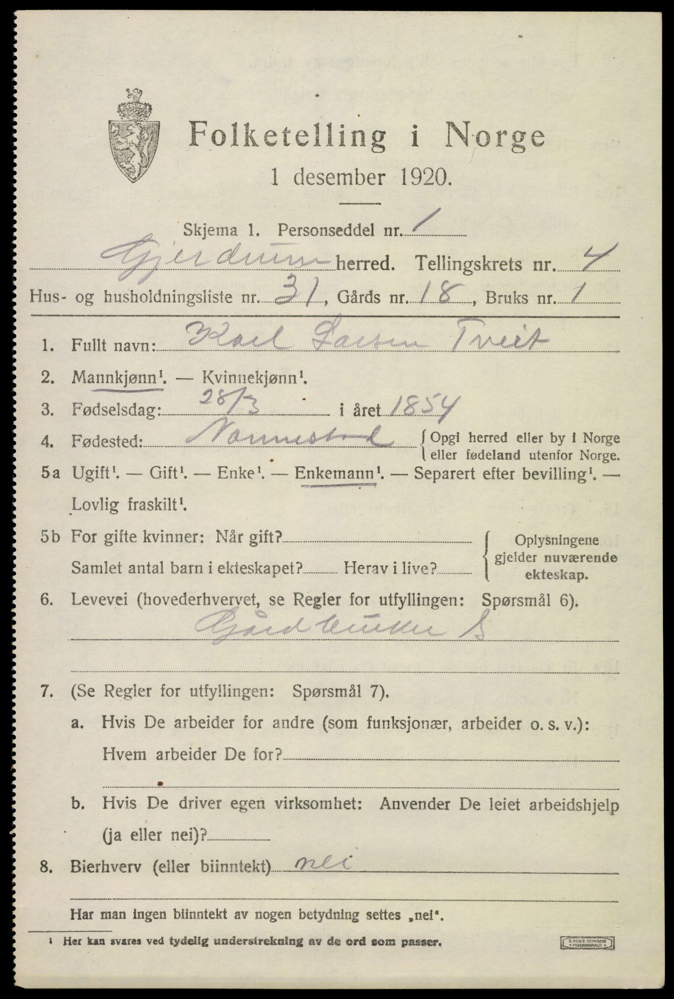 SAO, 1920 census for Gjerdrum, 1920, p. 3630