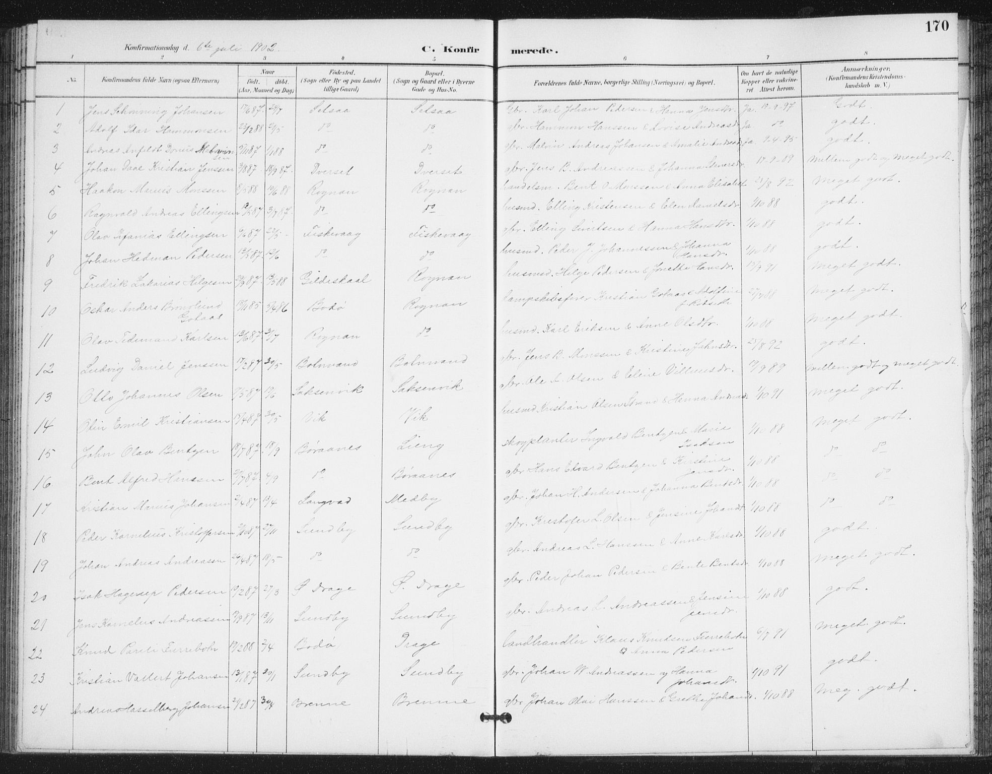 Ministerialprotokoller, klokkerbøker og fødselsregistre - Nordland, SAT/A-1459/847/L0682: Parish register (copy) no. 847C10, 1889-1907, p. 170