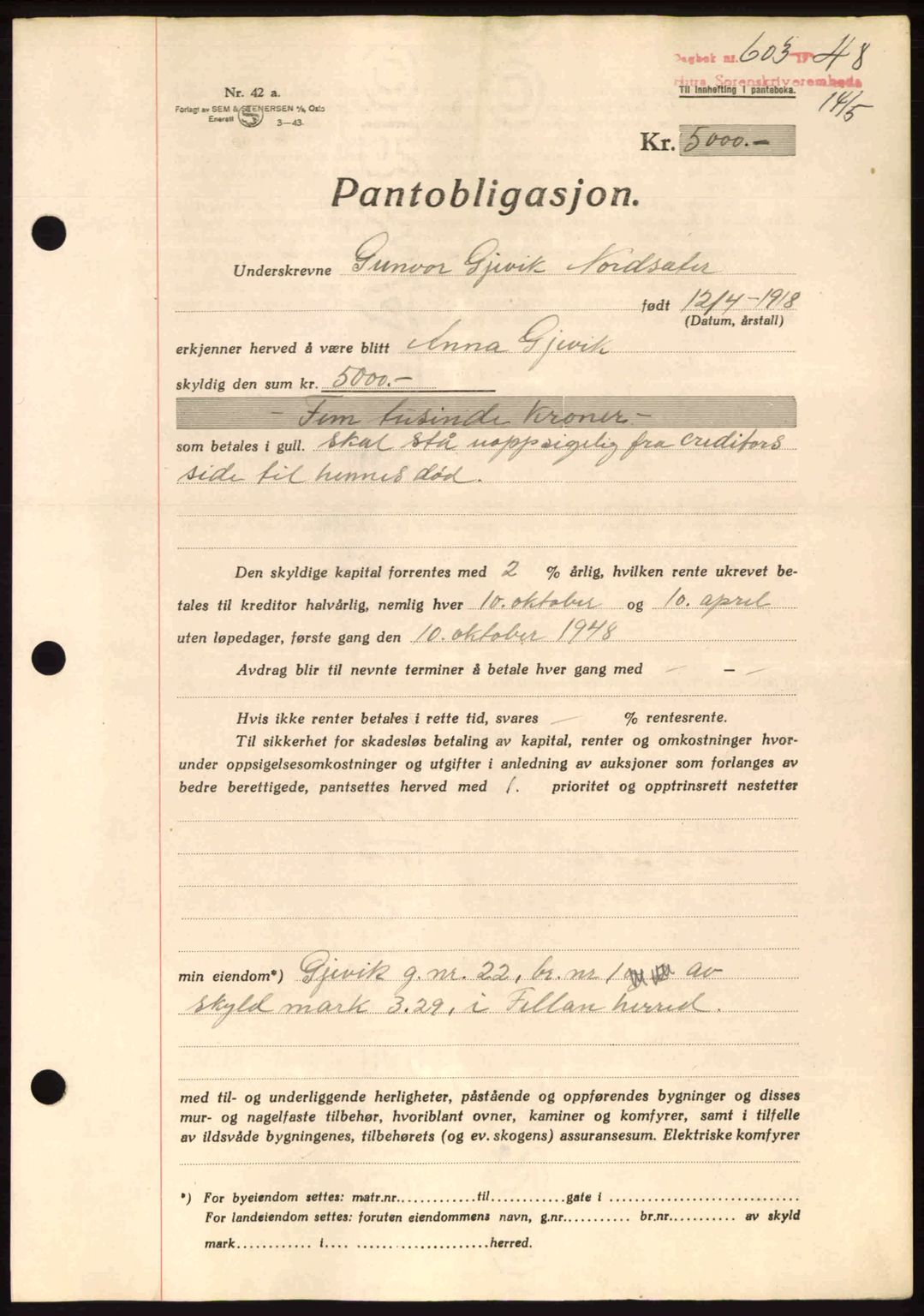 Hitra sorenskriveri, AV/SAT-A-0018/2/2C/2Ca: Mortgage book no. B1, 1939-1949, Diary no: : 603/1948