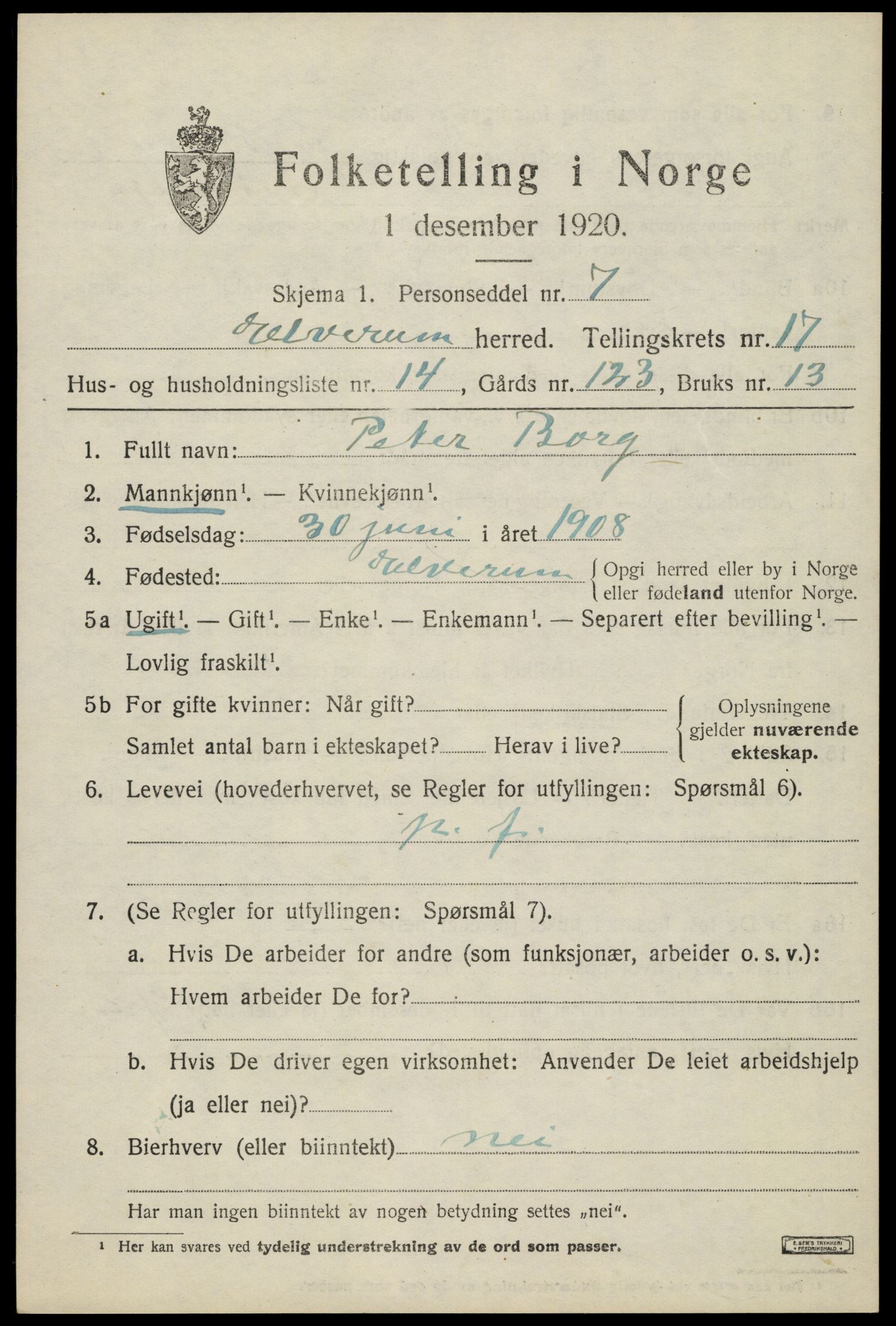 SAH, 1920 census for Elverum, 1920, p. 21444