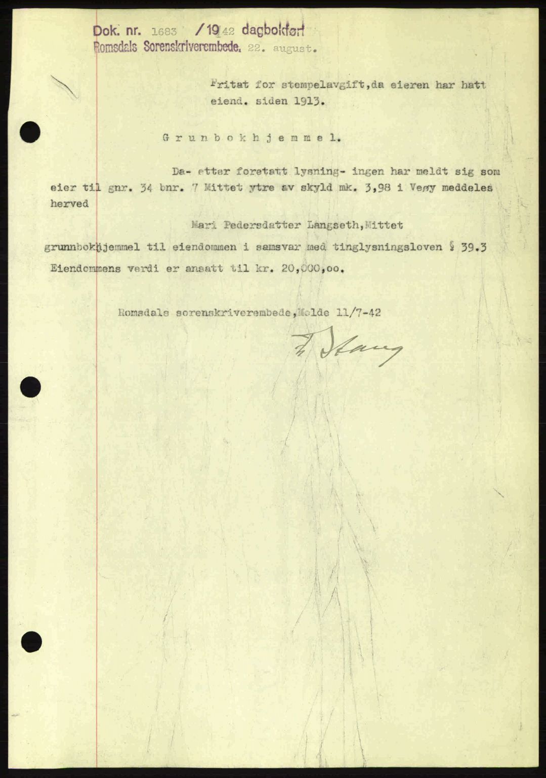 Romsdal sorenskriveri, AV/SAT-A-4149/1/2/2C: Mortgage book no. A12, 1942-1942, Diary no: : 1683/1942