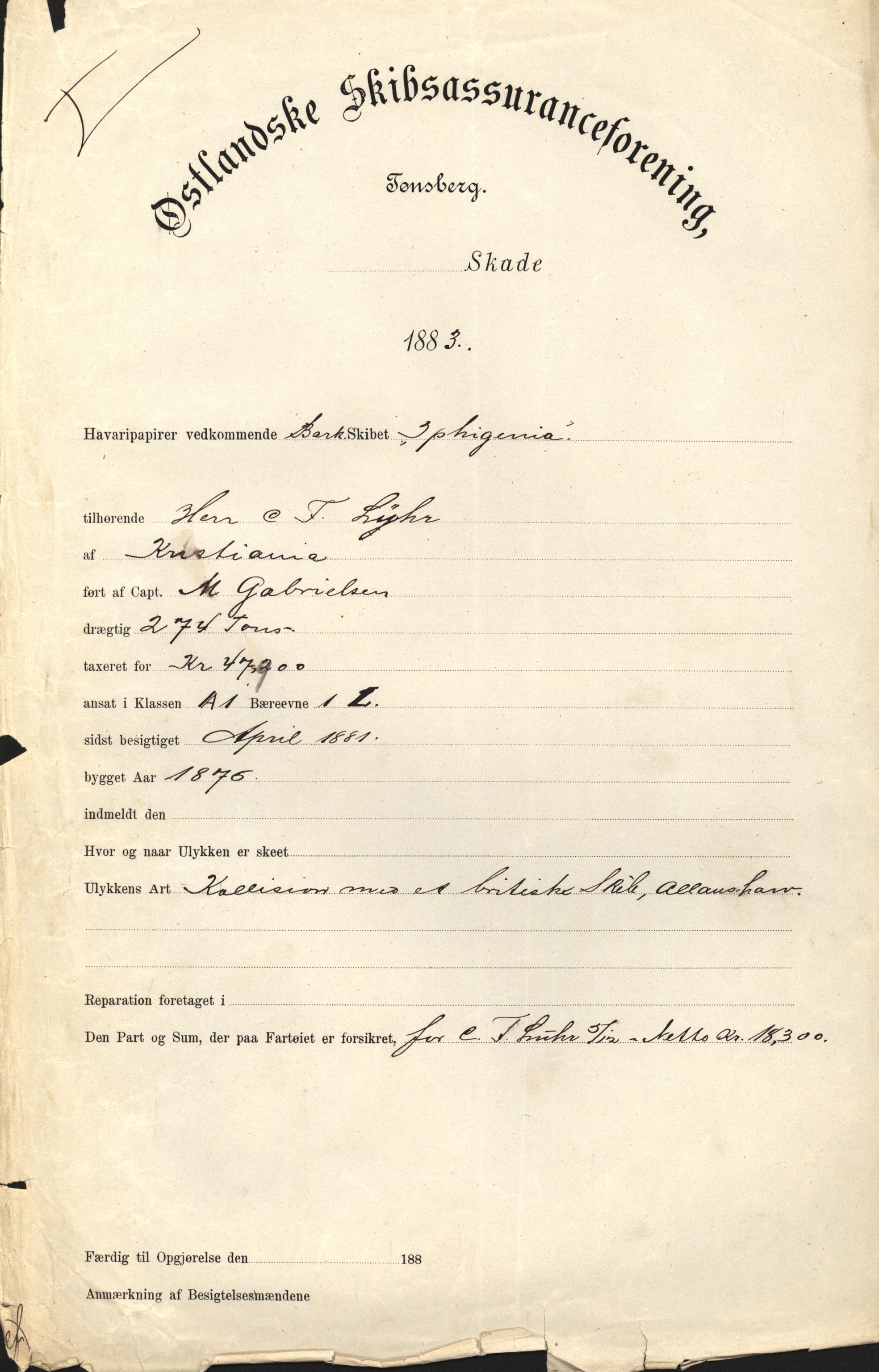 Pa 63 - Østlandske skibsassuranceforening, VEMU/A-1079/G/Ga/L0016/0011: Havaridokumenter / Elise, Dux, Dagmar, Dacapo, Louis, Iphignia, 1883, p. 64