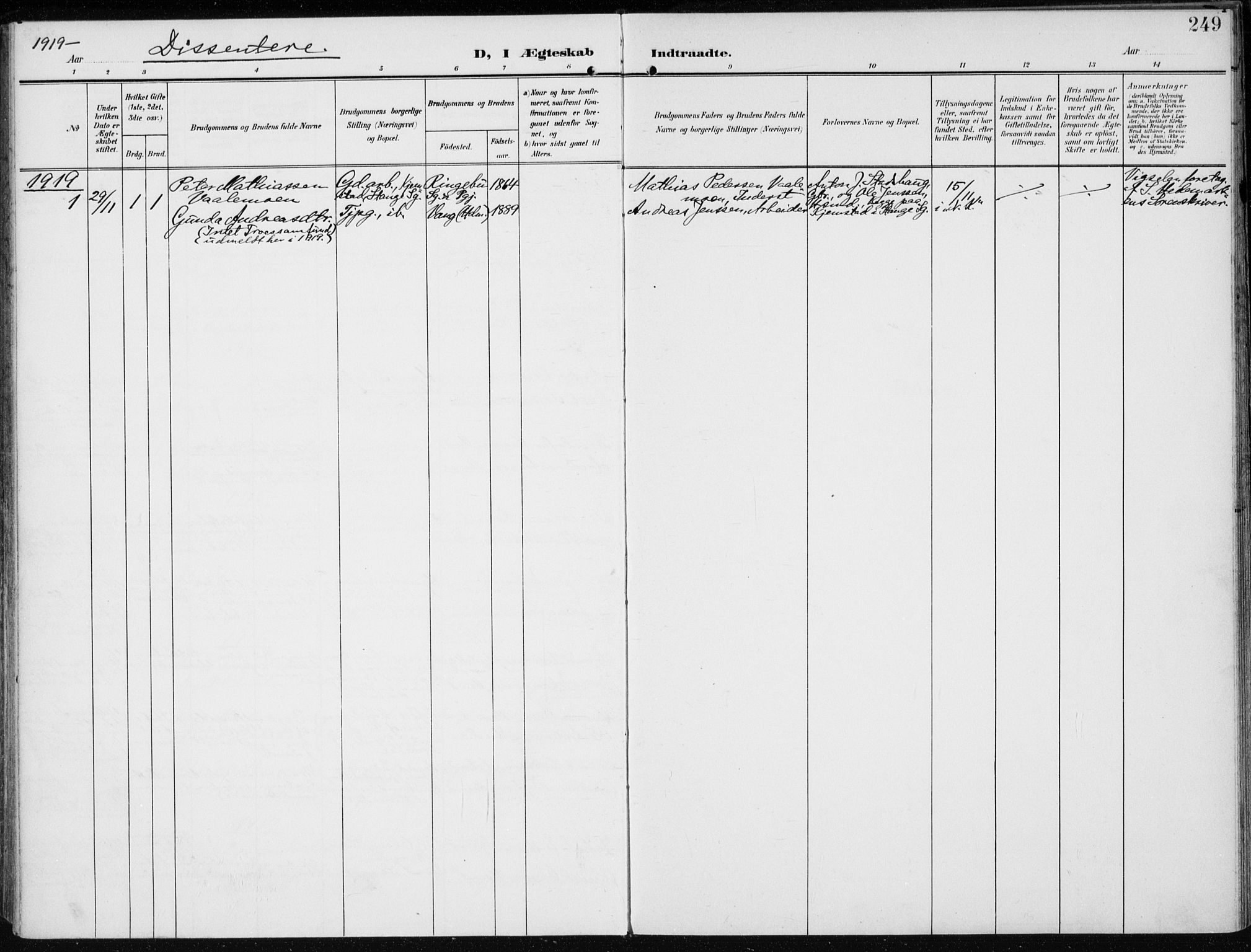 Stange prestekontor, SAH/PREST-002/K/L0024: Parish register (official) no. 24, 1906-1922, p. 249