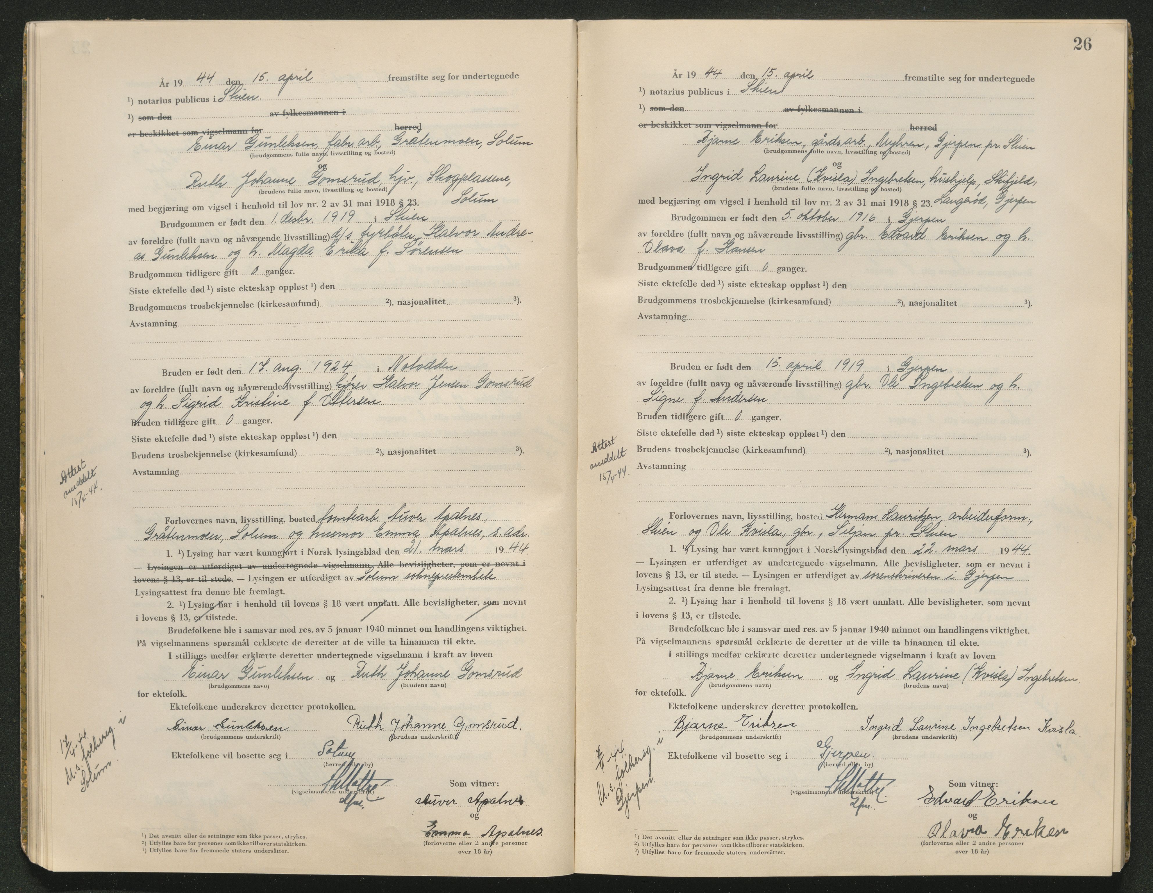 Skien sorenskriveri, AV/SAKO-A-225/L/La/L0001: Vigselsprotokoll, 1920-1947, p. 26