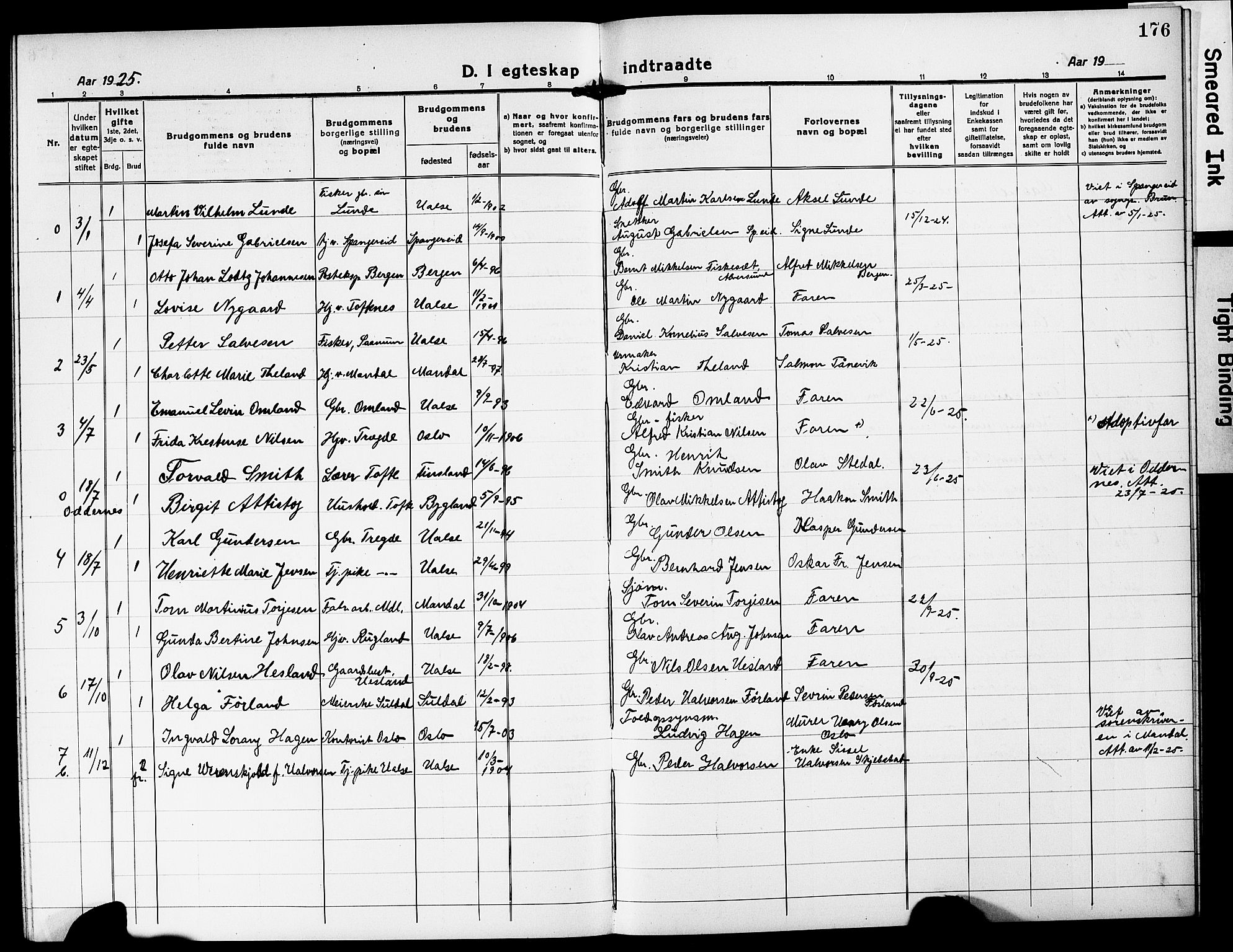 Mandal sokneprestkontor, AV/SAK-1111-0030/F/Fb/Fba/L0013: Parish register (copy) no. B 7, 1918-1931, p. 176