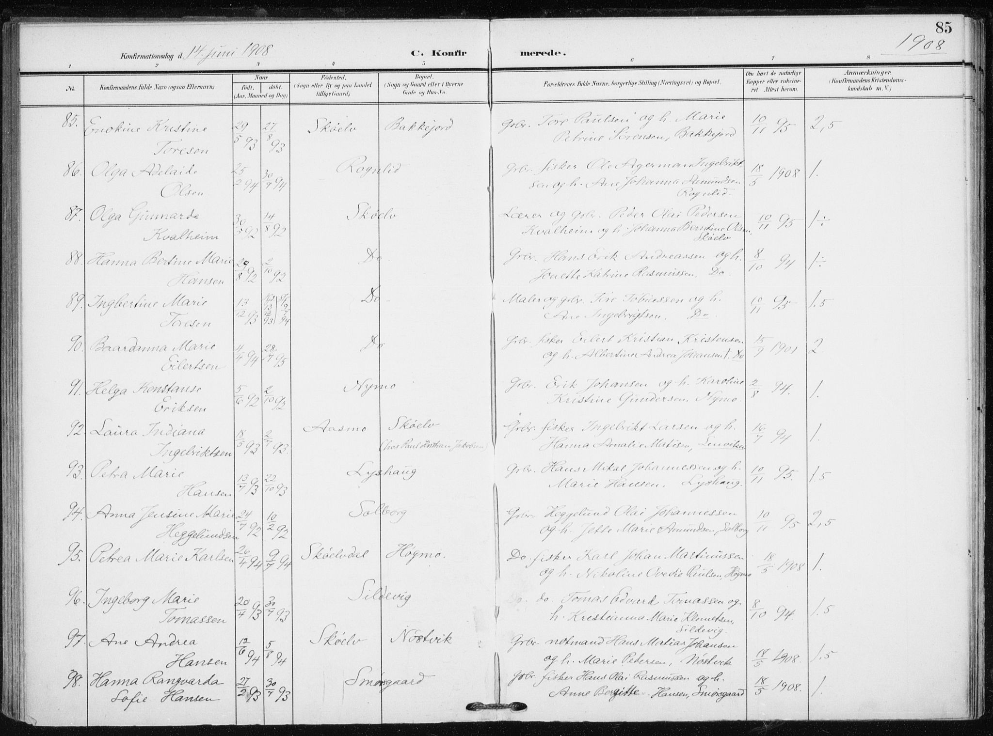 Tranøy sokneprestkontor, SATØ/S-1313/I/Ia/Iaa/L0012kirke: Parish register (official) no. 12, 1905-1918, p. 85
