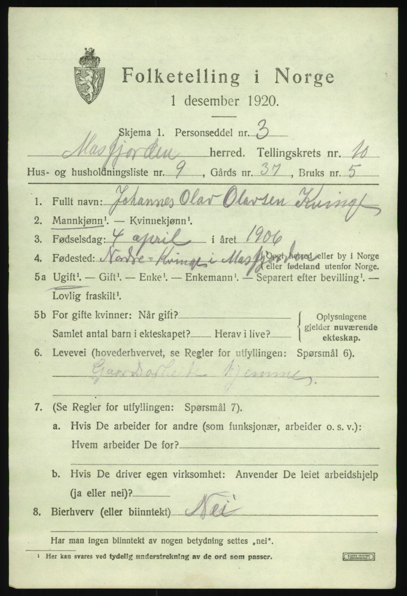 SAB, 1920 census for Masfjorden, 1920, p. 3793