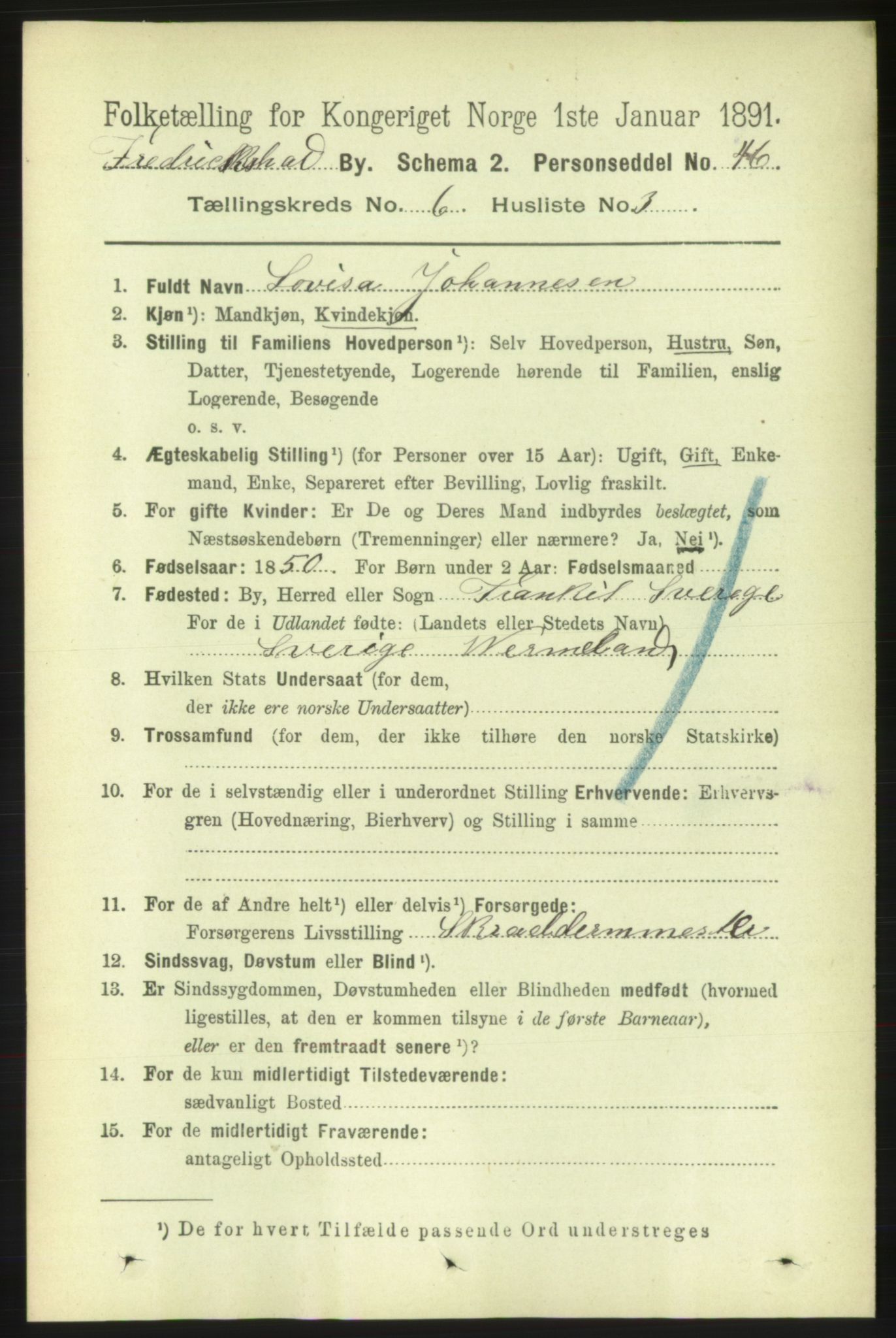 RA, 1891 census for 0101 Fredrikshald, 1891, p. 4546