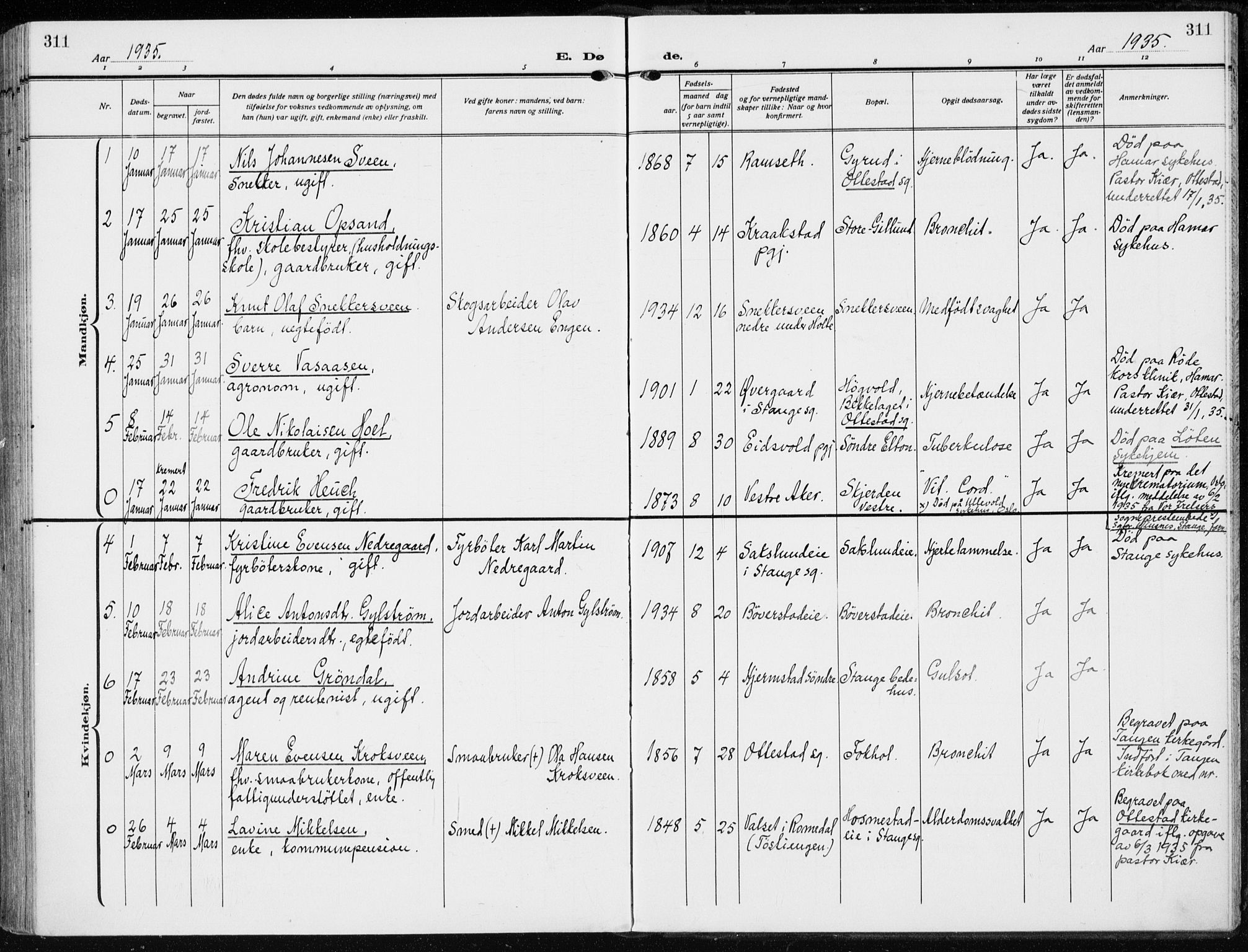Stange prestekontor, SAH/PREST-002/K/L0026: Parish register (official) no. 26, 1923-1937, p. 311
