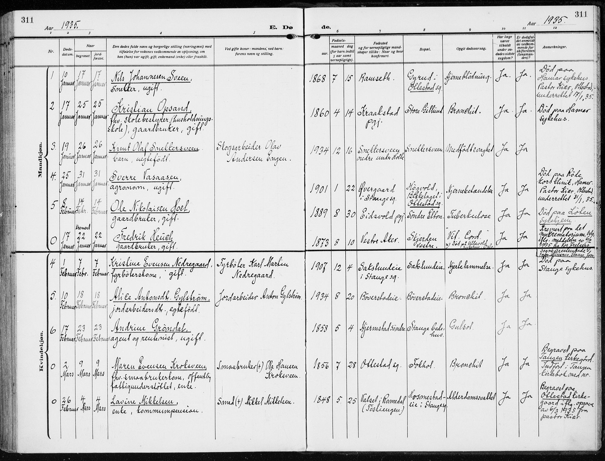 Stange prestekontor, AV/SAH-PREST-002/K/L0026: Parish register (official) no. 26, 1923-1937, p. 311