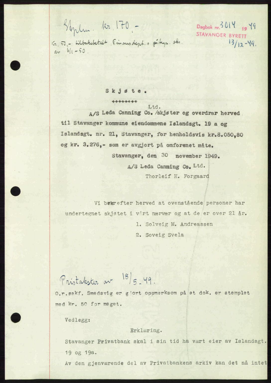 Stavanger byrett, SAST/A-100455/002/G/Gb/L0024: Mortgage book no. A13, 1949-1950, Diary no: : 3014/1949