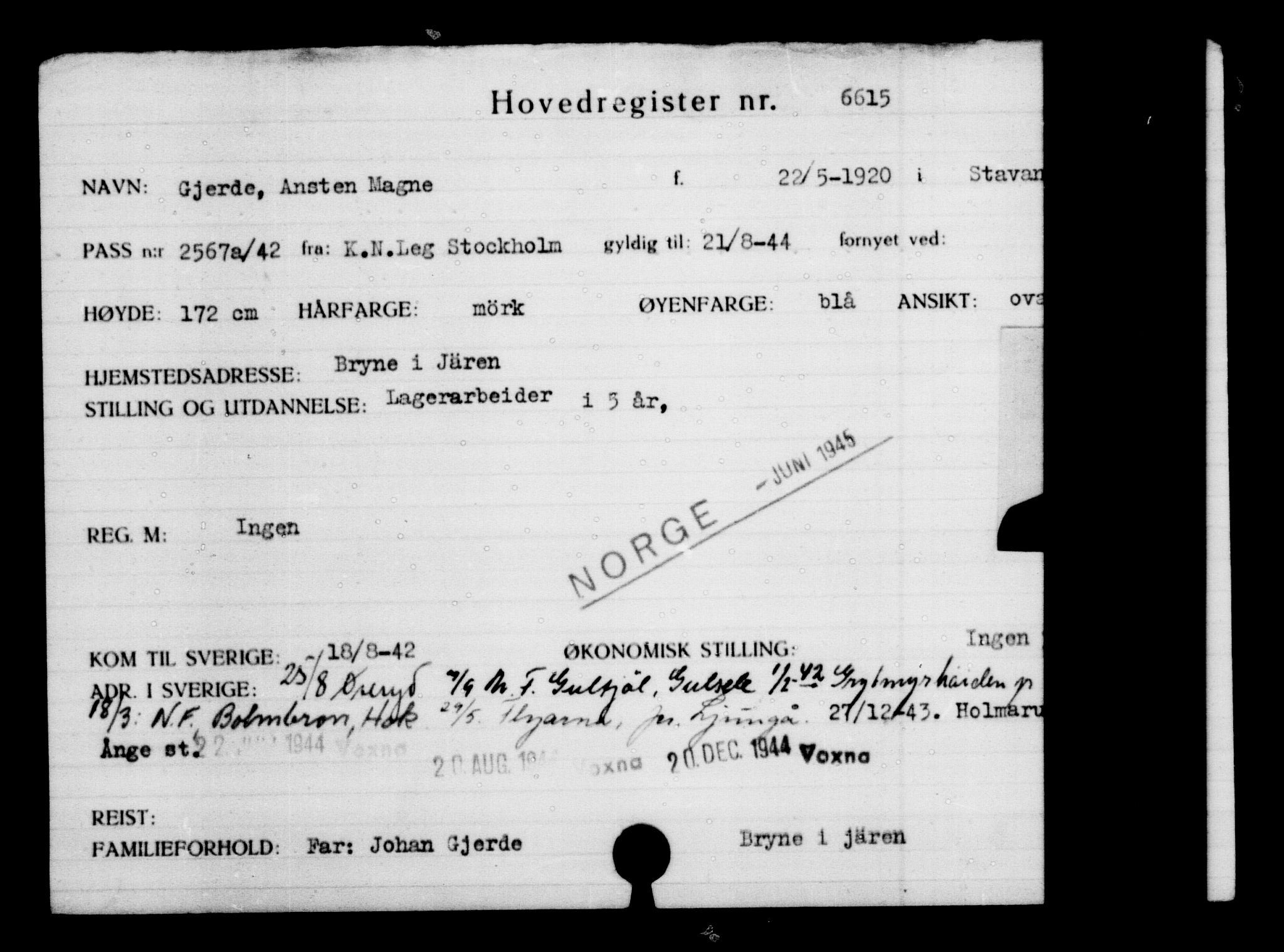 Utenriksstasjonene, Legasjonen i Stockholm, Flyktningkontoret, AV/RA-S-6753/V/Va/L0005: Kjesäterkartoteket, flyktninger med registreringsnr. 6600-9417, 1940-1945, p. 20