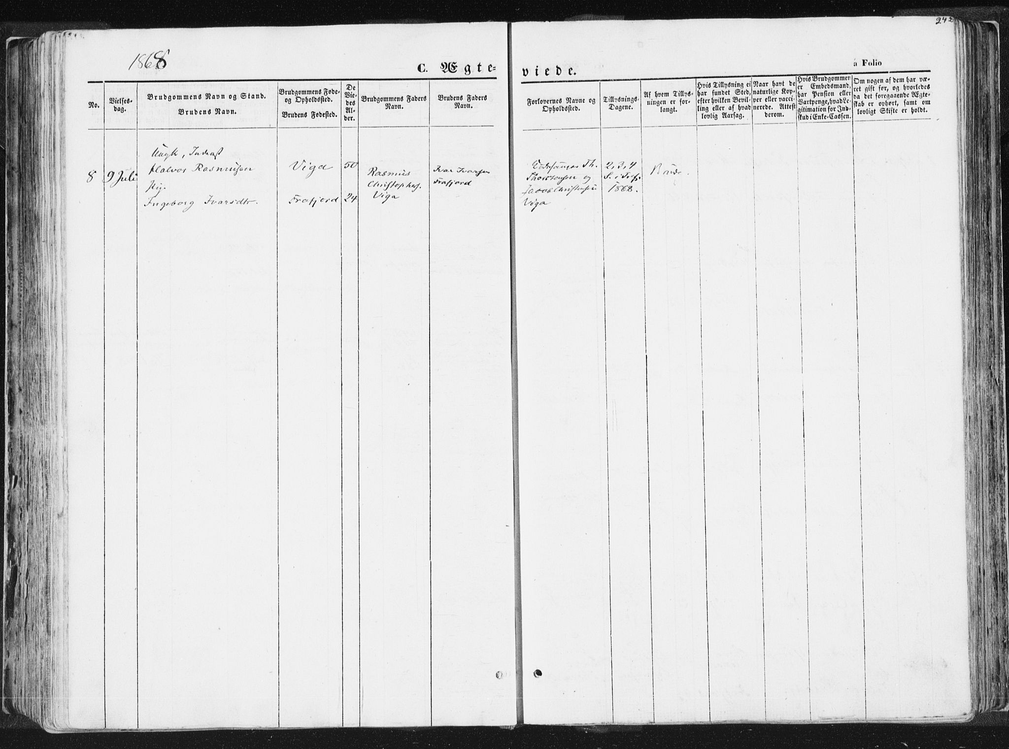 Høgsfjord sokneprestkontor, AV/SAST-A-101624/H/Ha/Haa/L0001: Parish register (official) no. A 1, 1854-1875, p. 242