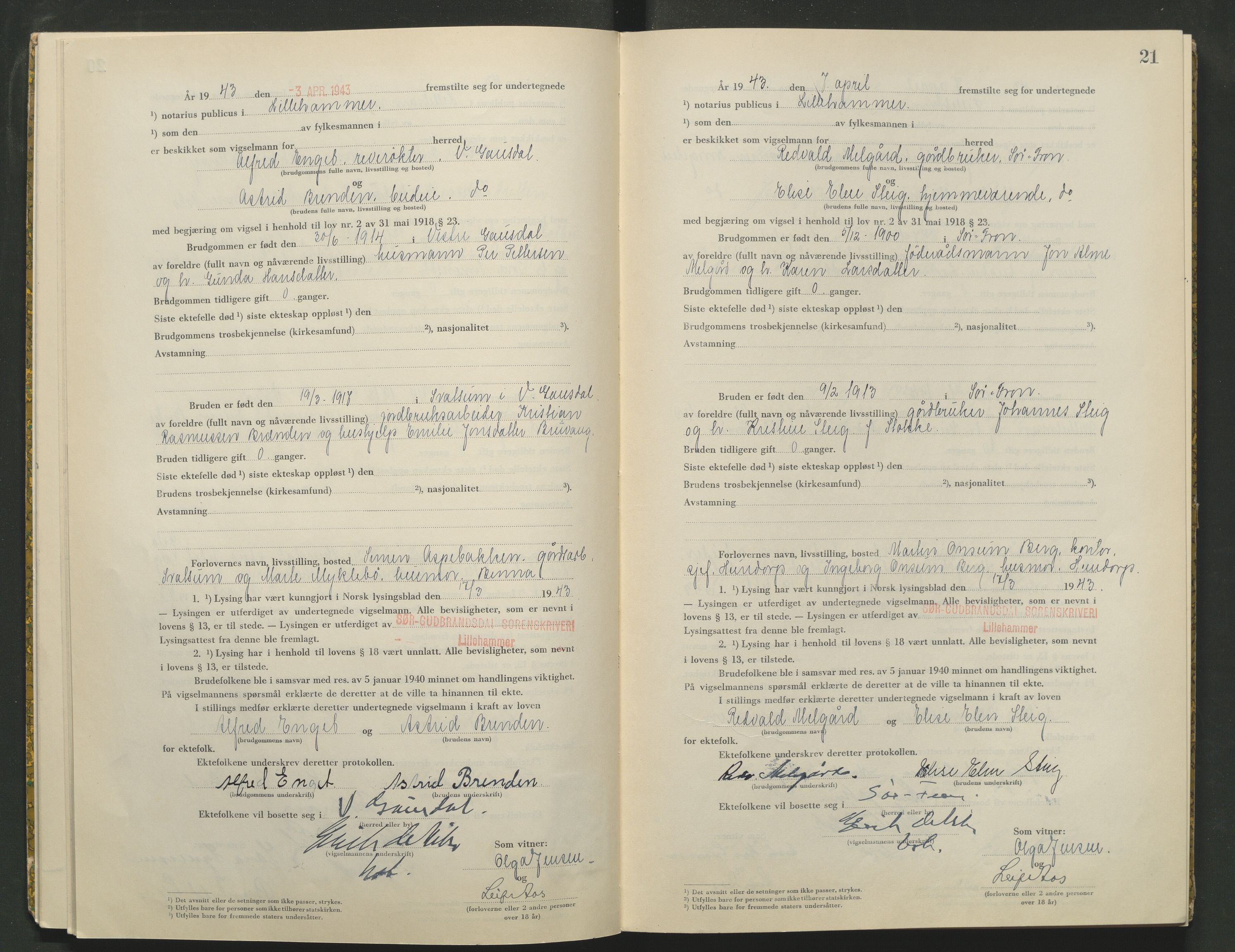 Sør-Gudbrandsdal tingrett, AV/SAH-TING-004/L/Lc/L0003: Vigselsprotokoll, 1943, p. 21