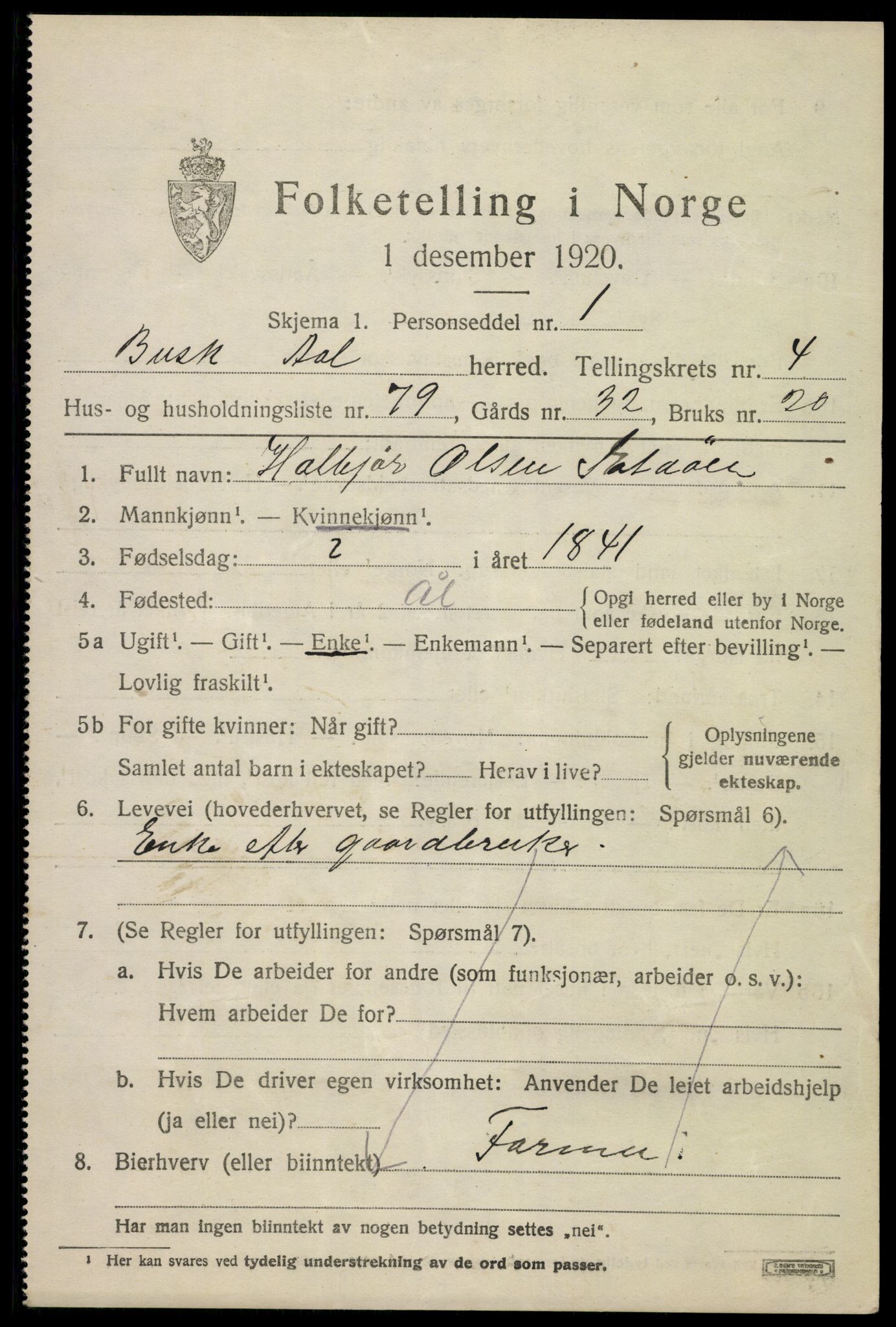 SAKO, 1920 census for Ål, 1920, p. 3866